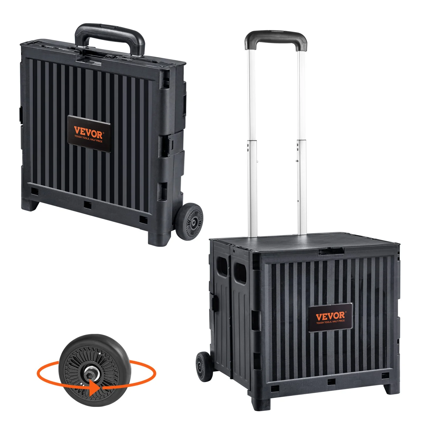 Foldable Utility Cart, 80 lbs Load Capacity, Folding Portable Rolling Crate Handcart with Durable Heavy Duty Telescoping Handle and 2 Wheels for Travel Shopping Moving Luggage Office Use, Black