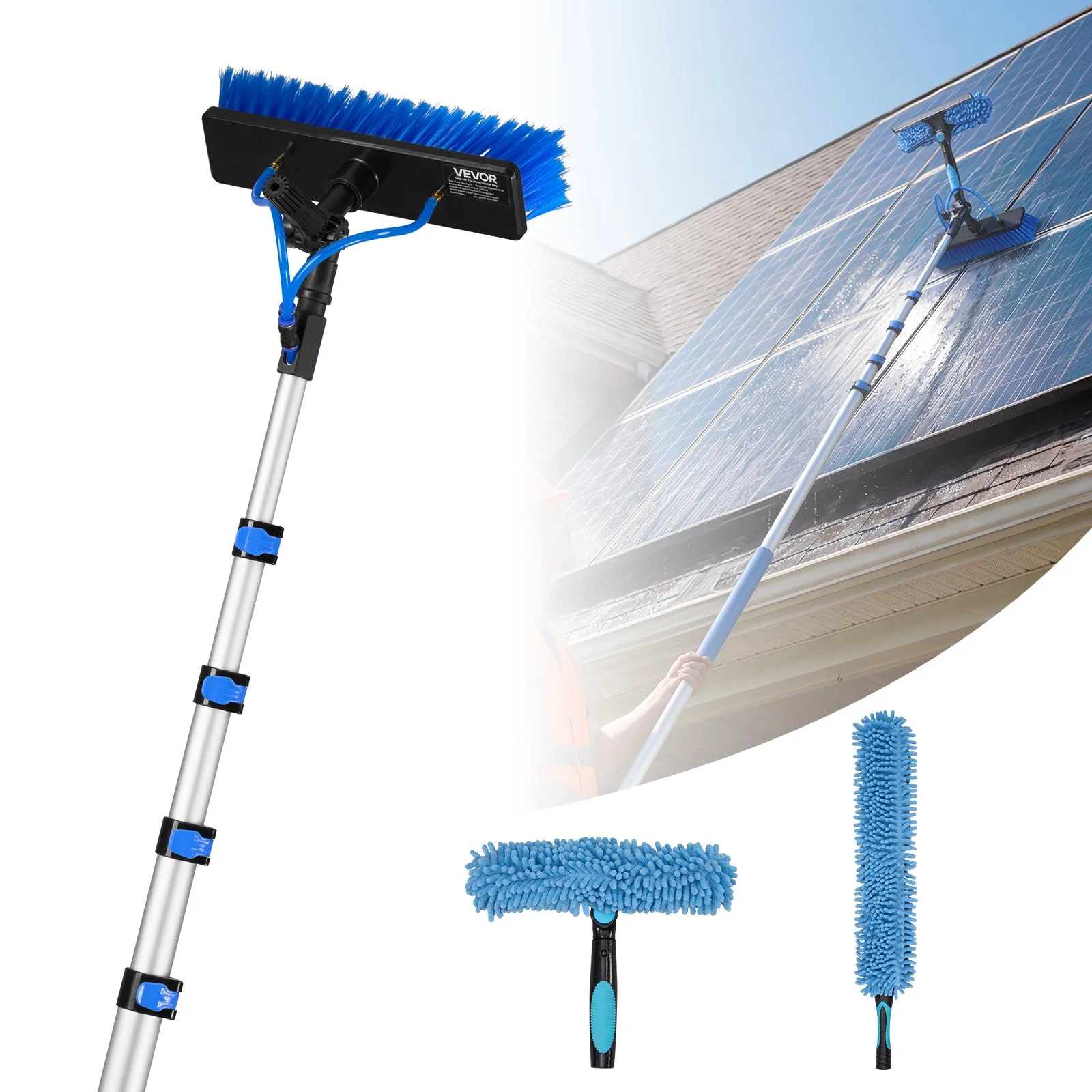 Solar Panel Cleaning Kit, 24 ft, Water Fed Pole Kit with Cleaning Brush, Soap Dispenser, Extendable Aluminum Telescopic Pole, 180° Rotatable Brush Head, for Roof Mounted Solar Panels, Windows