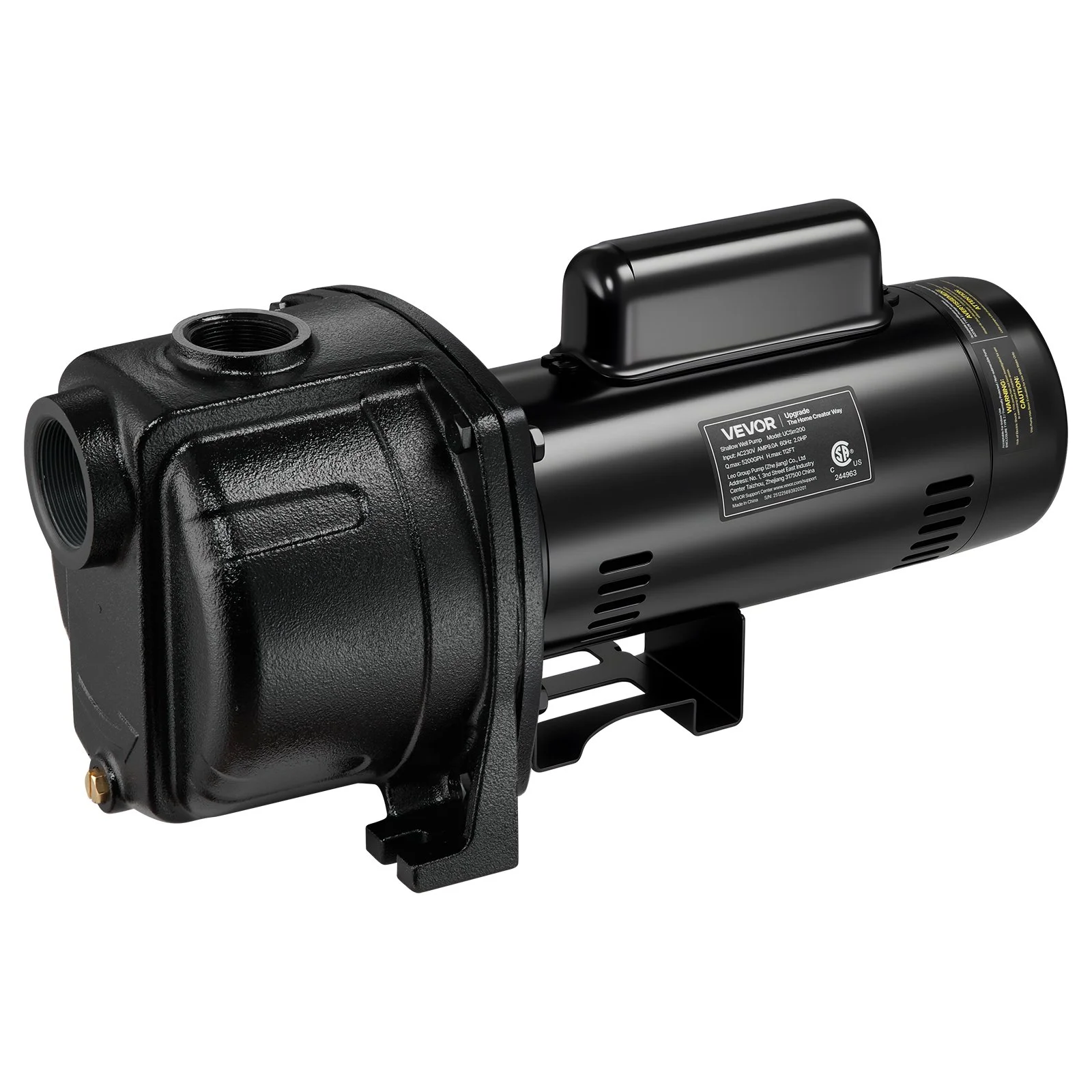 2 HP Shallow Well Jet Pump, 230 Volt, 5200 GPH Cast Iron Well Jet Pump, with 112 ft Max Head Lift, Check Valve, Thermal Protection, Automatic On/Off, for Garden Irrigation Lawn Sprinkler System
