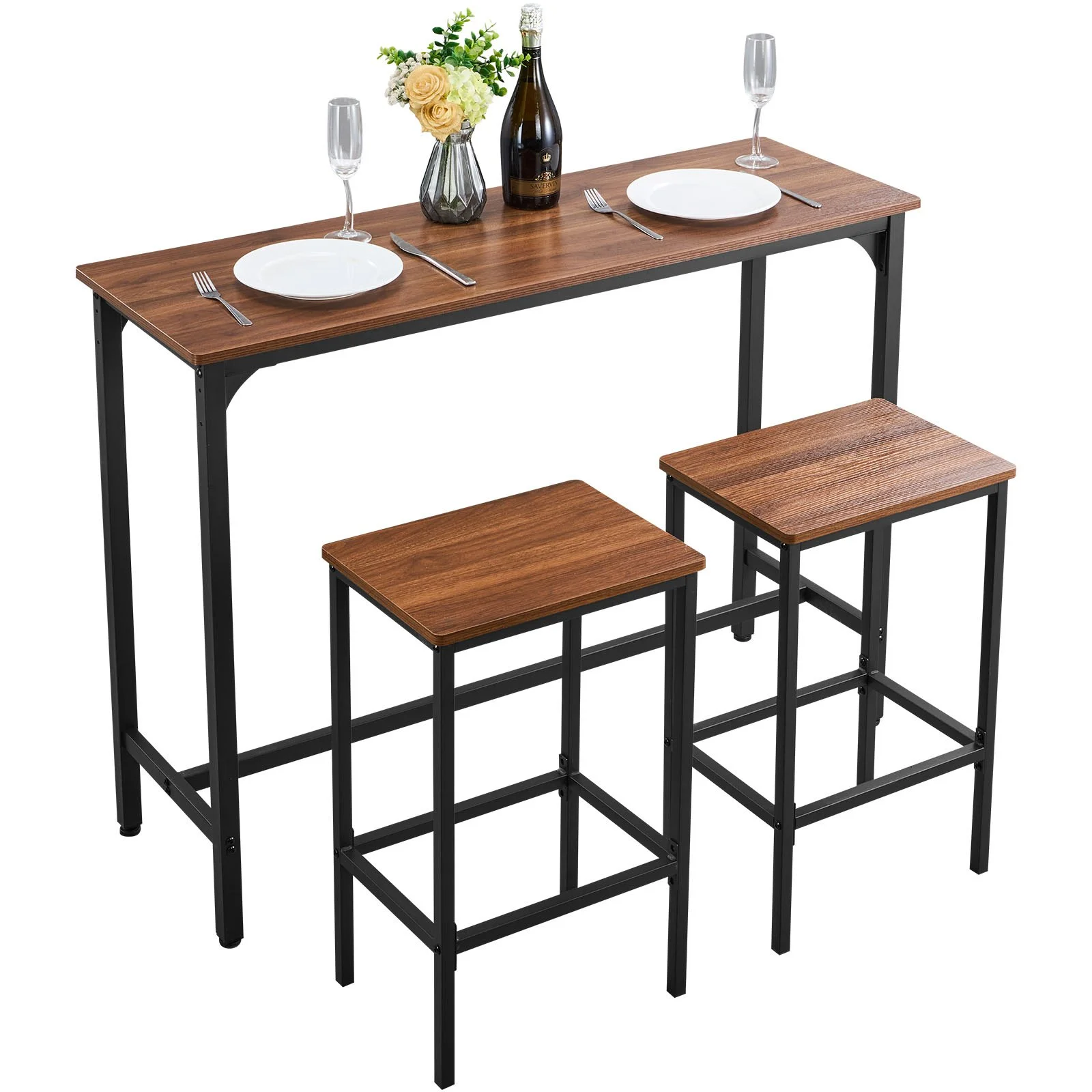 Bar Table, 3PCS 47″ Bars Tables Set, Bar Tables and Chair Set with Rounded Edge Design, Rectangular Pub Table with Two Stools for Office Desk, Breakfast Corner, Mini Bars, Rustic Brown, Black