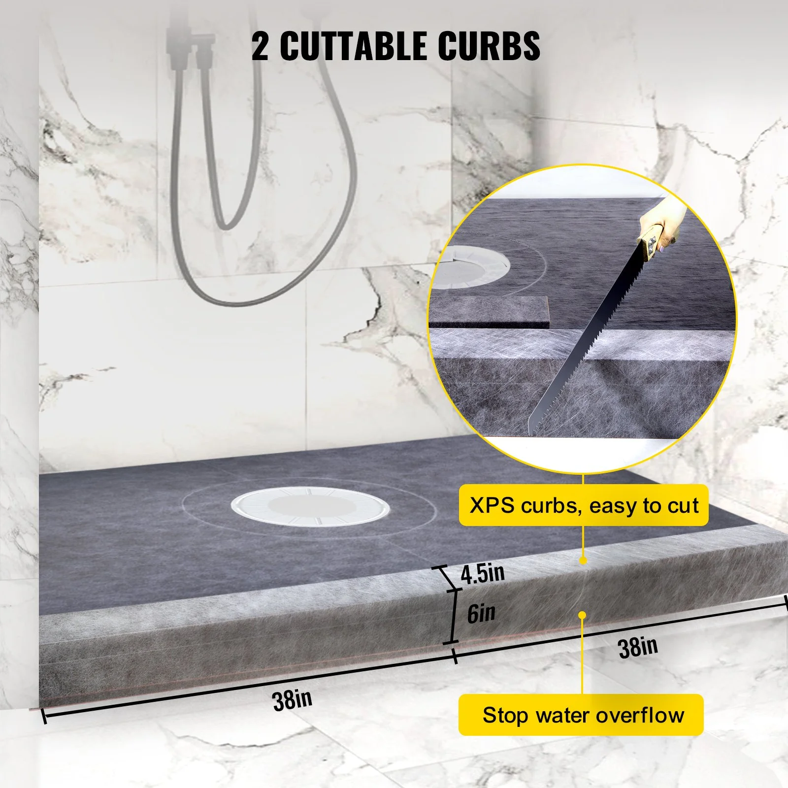 Shower Curb Kit, 38"x60" Watertight Shower Curb Overlay with 4" ABS Central Bonding Flange, 4" Stainless Steel Grate, 2 Cuttable Shower Curb and Trowel, Shower Pan Slope Sticks Fit for Bathr - Image 9