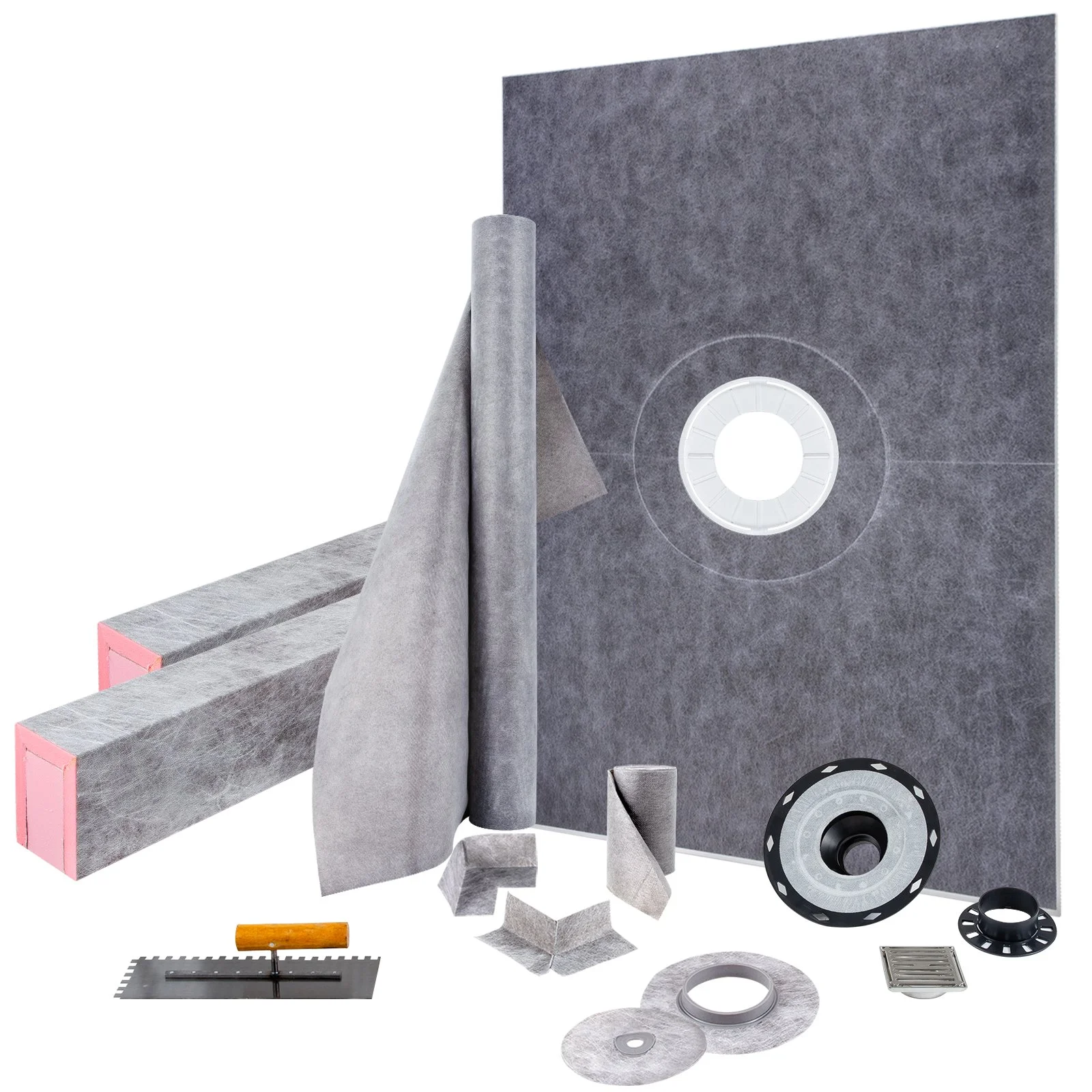 Shower Curb Kit, 38"x60" Watertight Shower Curb Overlay with 4" ABS Central Bonding Flange, 4" Stainless Steel Grate, 2 Cuttable Shower Curb and Trowel, Shower Pan Slope Sticks Fit for Bathr