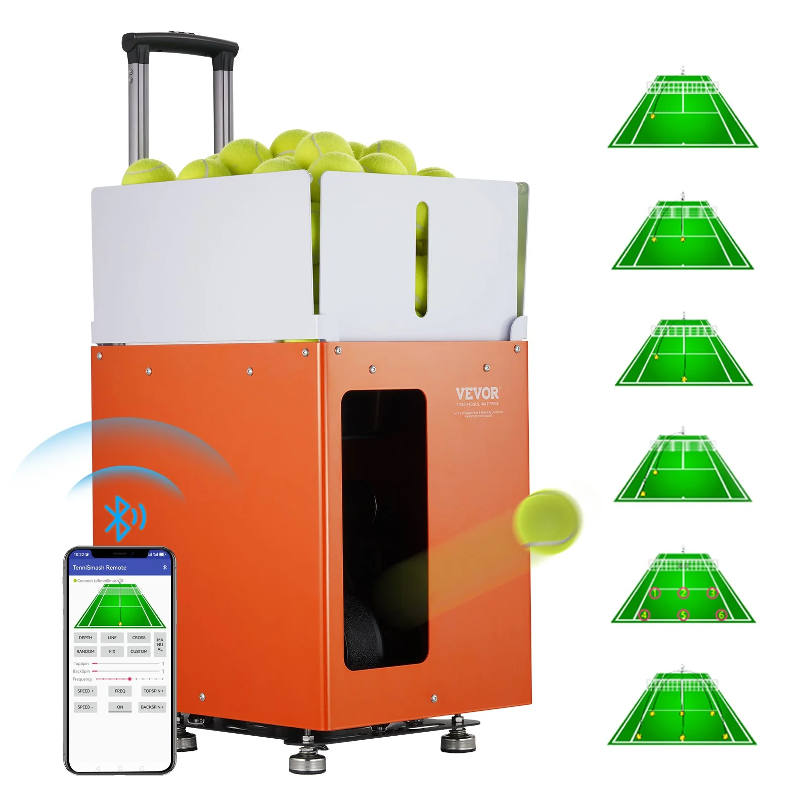 Tennis Ball Machine, Automatic Portable Tennis Ball Launcher, 100 Balls Tennis Training Practice Thrower, 5 Motors Multi-Mode Drills, 2+ Hours Play, Rechargeable Battery, App Remote Control