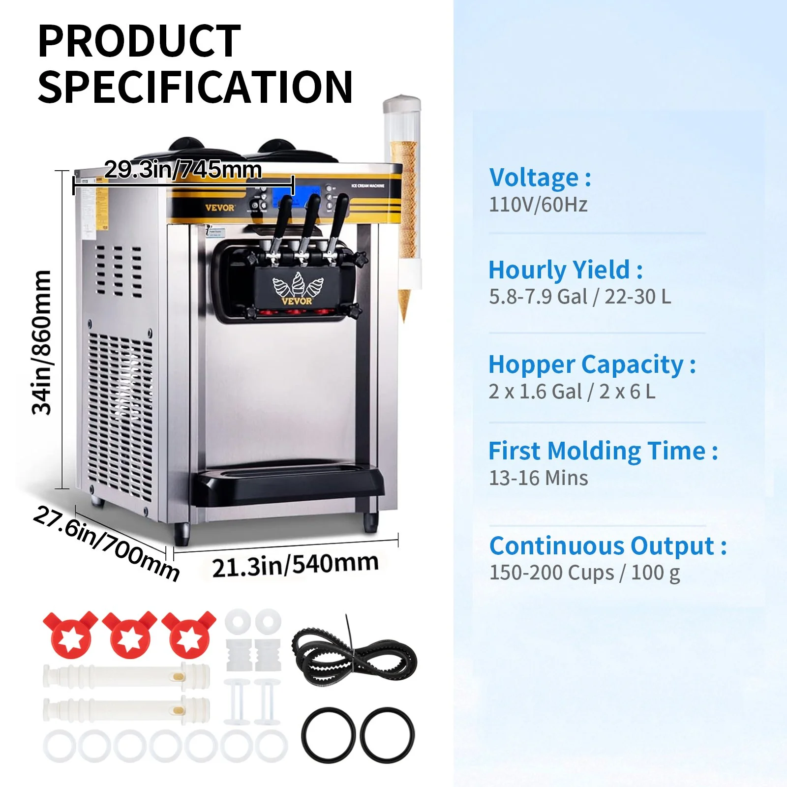 Commercial Ice Cream Maker, 22-30L/H Yield, 2350W Countertop Soft Serve Machine with 2x6L Hopper 2L Cylinder LCD Panel Puffing Shortage Alarm, Frozen Yogurt Maker for Restaurant Snack Bar, Silve - Image 10