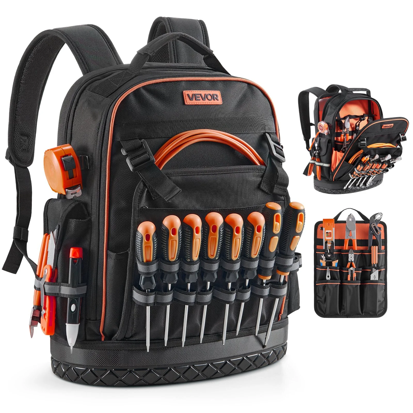 Tool Backpack, 64 Pockets, Heavy-duty Tools Storage Organizer Work Bags with Laptop Compartment & Molded Base, Electrician Jobsite Backpack for Electrician, Repairman, and HVAC Techs
