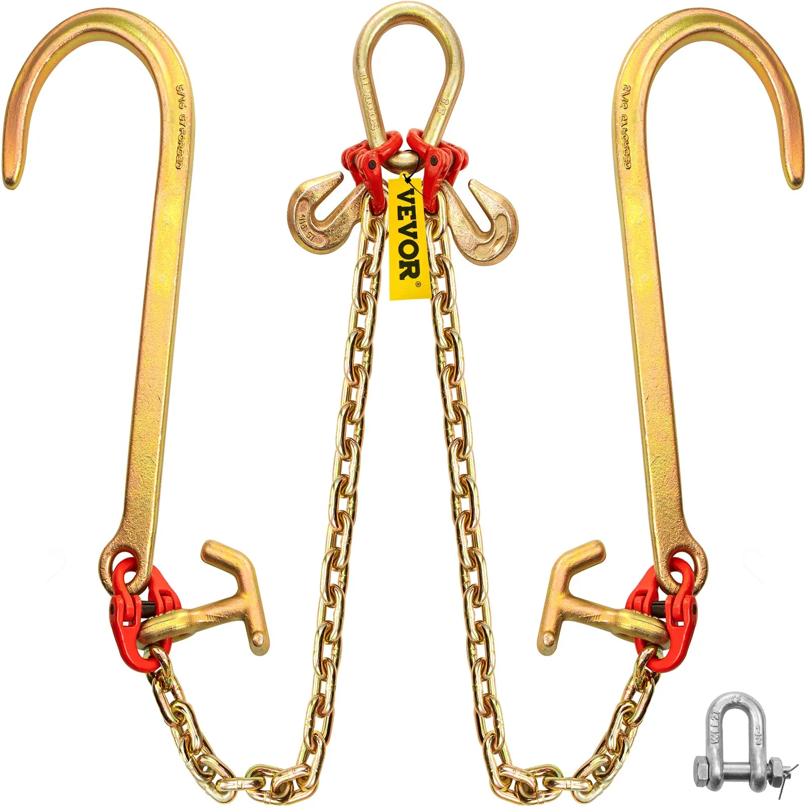 G80 V Bridle Chain, 5/16" x 2' Towing Chain Bridle with 15" J Hooks, R Hooks & Grab Hooks, Heavy Duty Transport Chain Bridle with 10800 lbs Safe Working Load for Flatbed Truck Wrecker Recovery