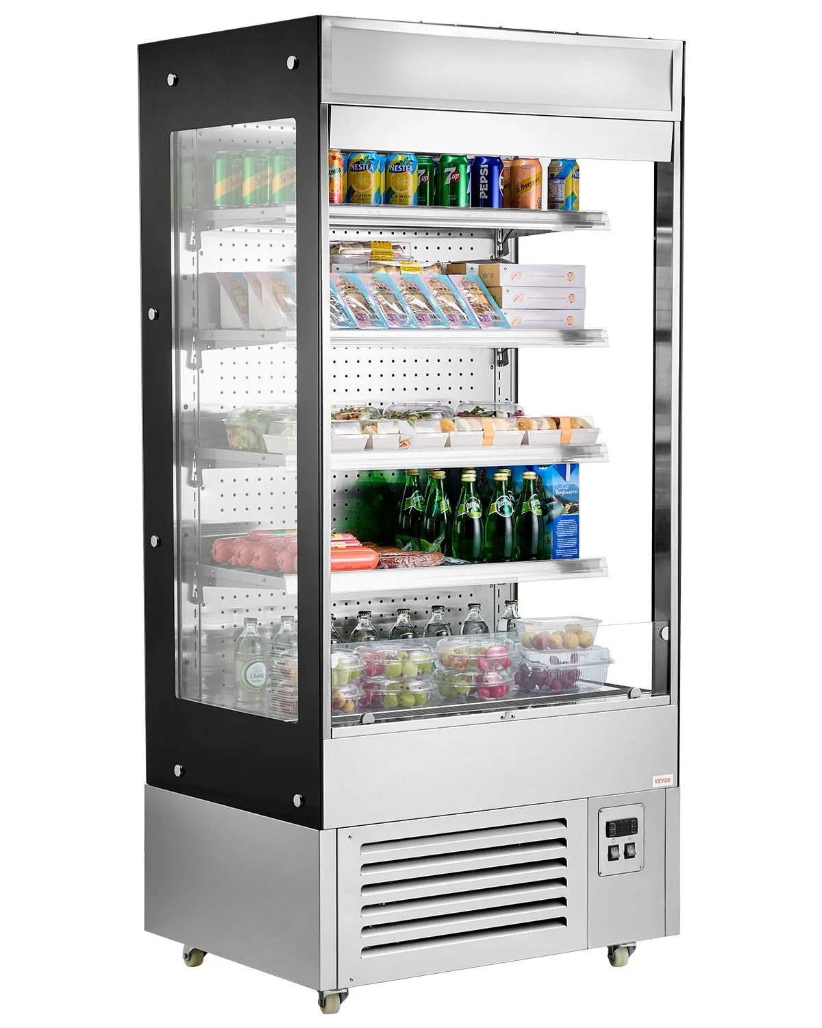 Open Air Merchandiser, 4-Tier Shelving Commercial Refrigerator, Grab and Go Display Cooler Refrigerator with Air Curtain, LED Advertising Light, Fits for Restaurants, Stores, Office, 18.4cu.ft.