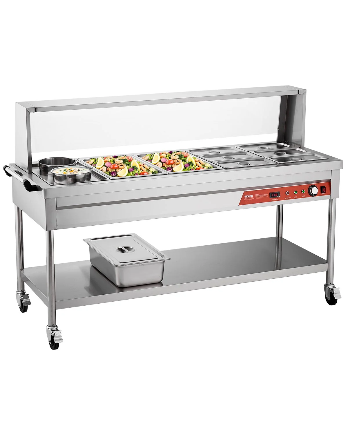 Commercial Food Warmer, 8 Pans + 2 Pots Electric Steam Table, 1800W Professional Buffet Catering Food Warmer with Shield Undershelf Wheels, Stainless Steel Server for Party Restaurant