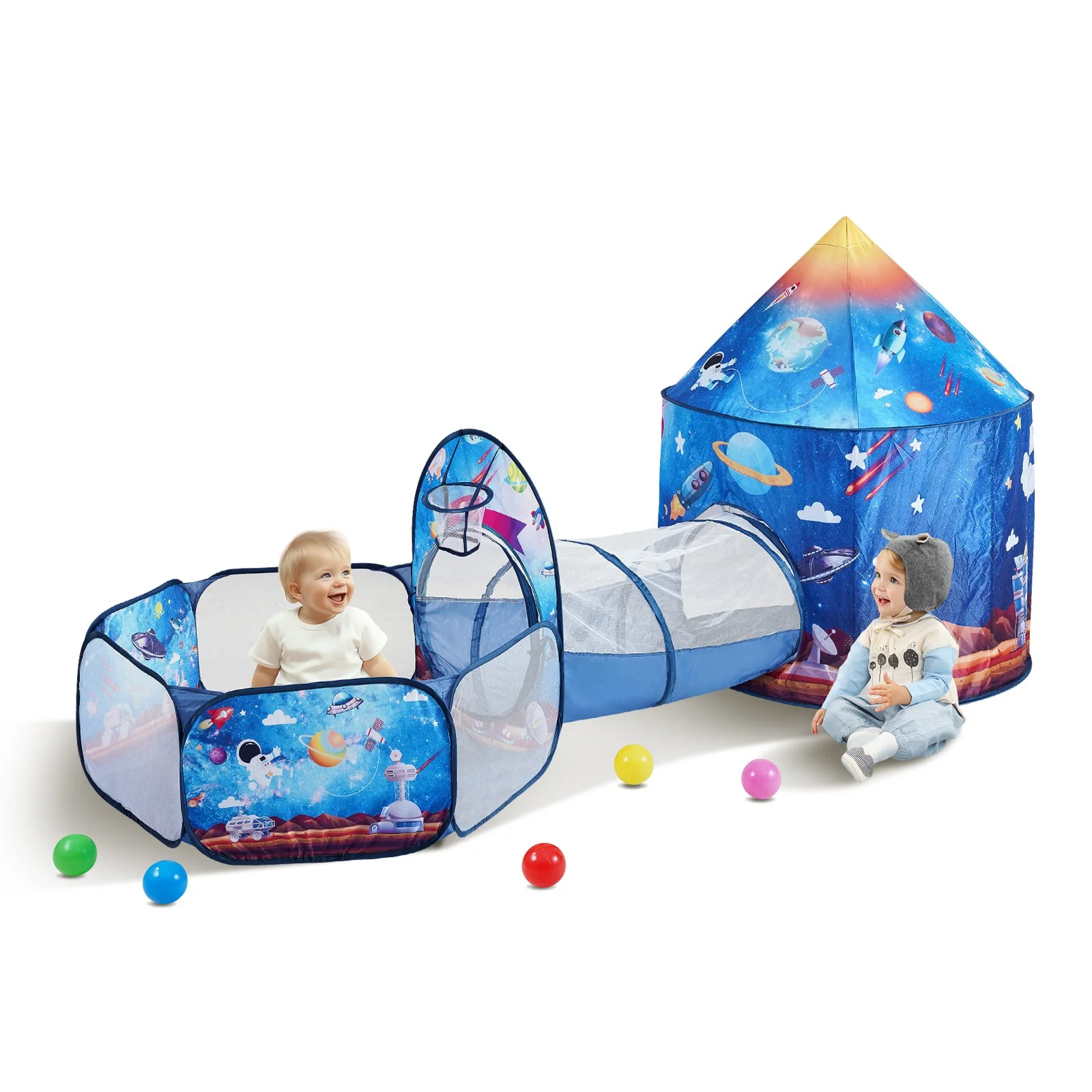 3 in 1 Kids Play Tent with Tunnel for Boys, Girls, Babies and Toddlers, Indoor/Outdoor Pop Up Playhouse with Carrying Bag & Banding Straps Birthday Gifts, Royal Blue Color Rocket Theme
