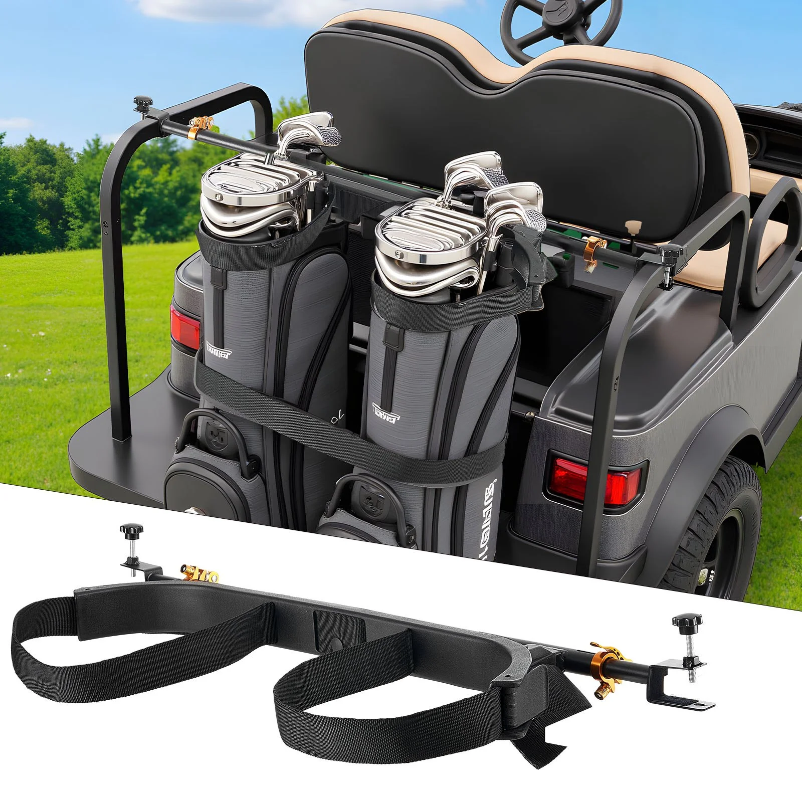 Golf Cart Bag Holder, 53.9 x 7.7 x 2.4 Inch, Compatible with Most 2+2 Golf Cart Rear Seat with 1.2-Inch Square Tubes, Adjustable Rear Seat Carts Club Holder with Strap, No Drilling Required
