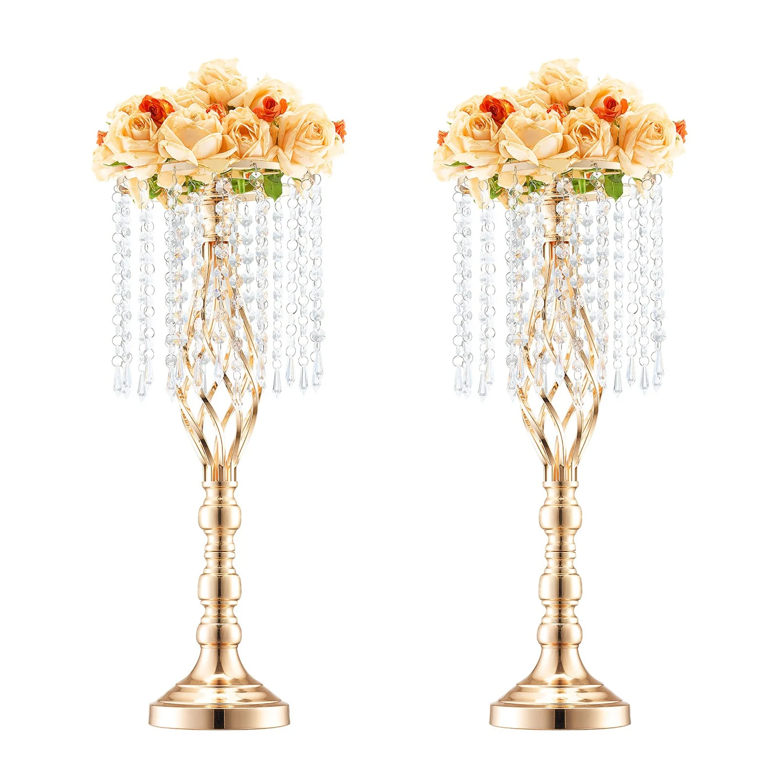 2PCS 55cm/21.65" Tall Crystal Wedding Flower Stand, Metal Wedding Centerpiece Vase, Gold Flower Holders Floral Display Rack for Tables Wedding Dinner Party, Ceremony Birthday Event Decor