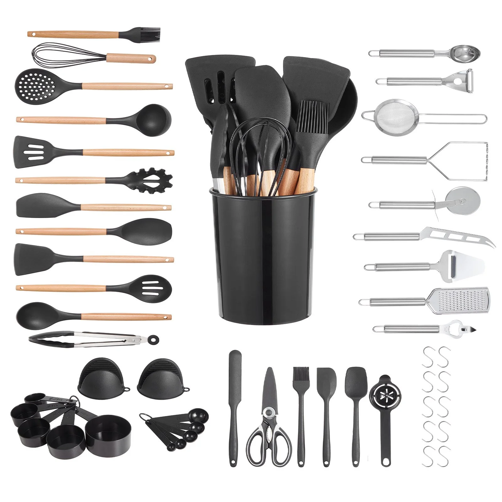 Kitchen Cooking Utensils Set, 50 PCS Silicone Spatula Set with Holder, 428°F Heat Resistant Gadget Spoons Tools, Wooden Handle Home Essentials Accessories, Silicone Gadgets Cookware, Black