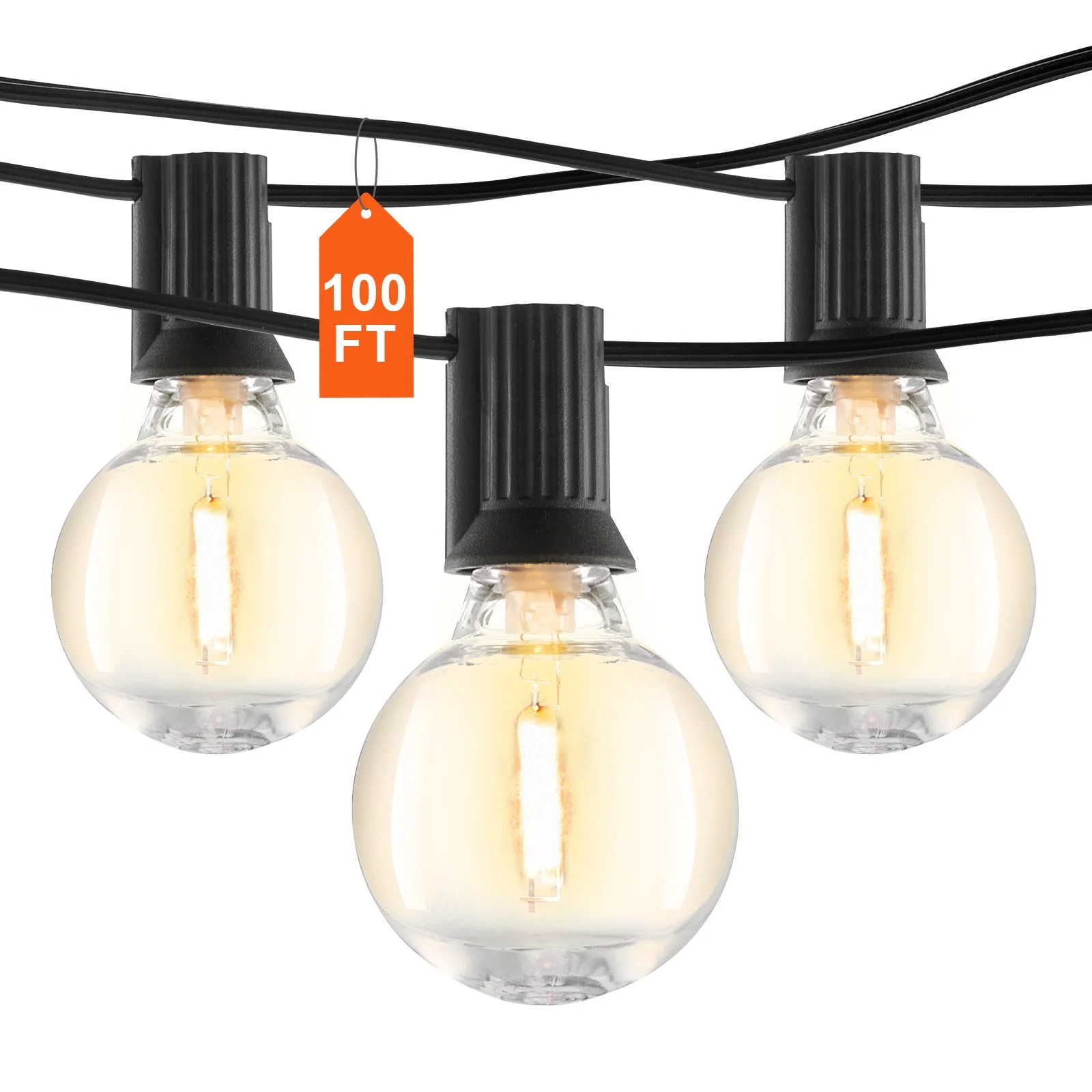 LED Outdoor String Lights, 100FT, 2700K Dimmable Outside Patio Lights with 50 G40 Shatterproof Bulbs E12 Socket Base, Waterproof Hanging Lights for Porch Backyard Garden Balcony Party Decor