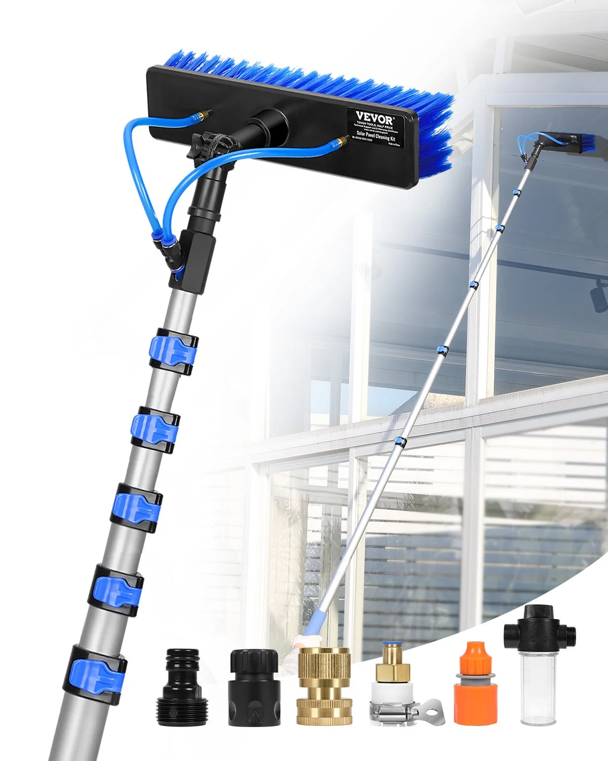 Water Fed Pole Kit, 36FT Solar Panel Cleaning Pole with Extendable Handle, 180° Rotatable Brush Head & 65.6FT Hose, Household & Outdoor Window Cleaner Tool for Caravan Solar Panel Deck