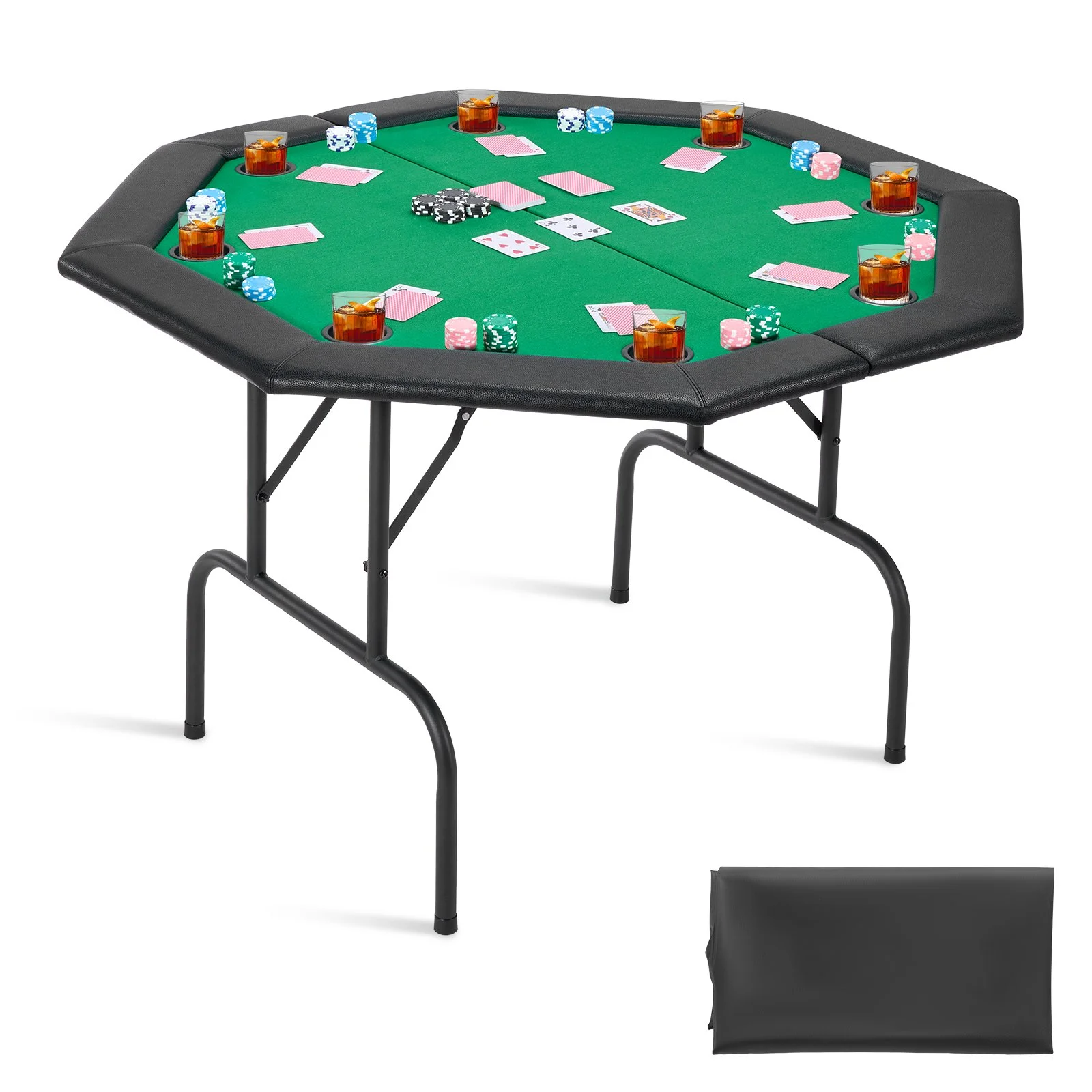 Foldable Poker Table, 8 Player 48 in Folding Casino Leisure Table with Padded Rails & Cup Holders, Octagonal Portable Game Tables with Felt & Metal Legs, for Texas Hold'em Game and Blackjack