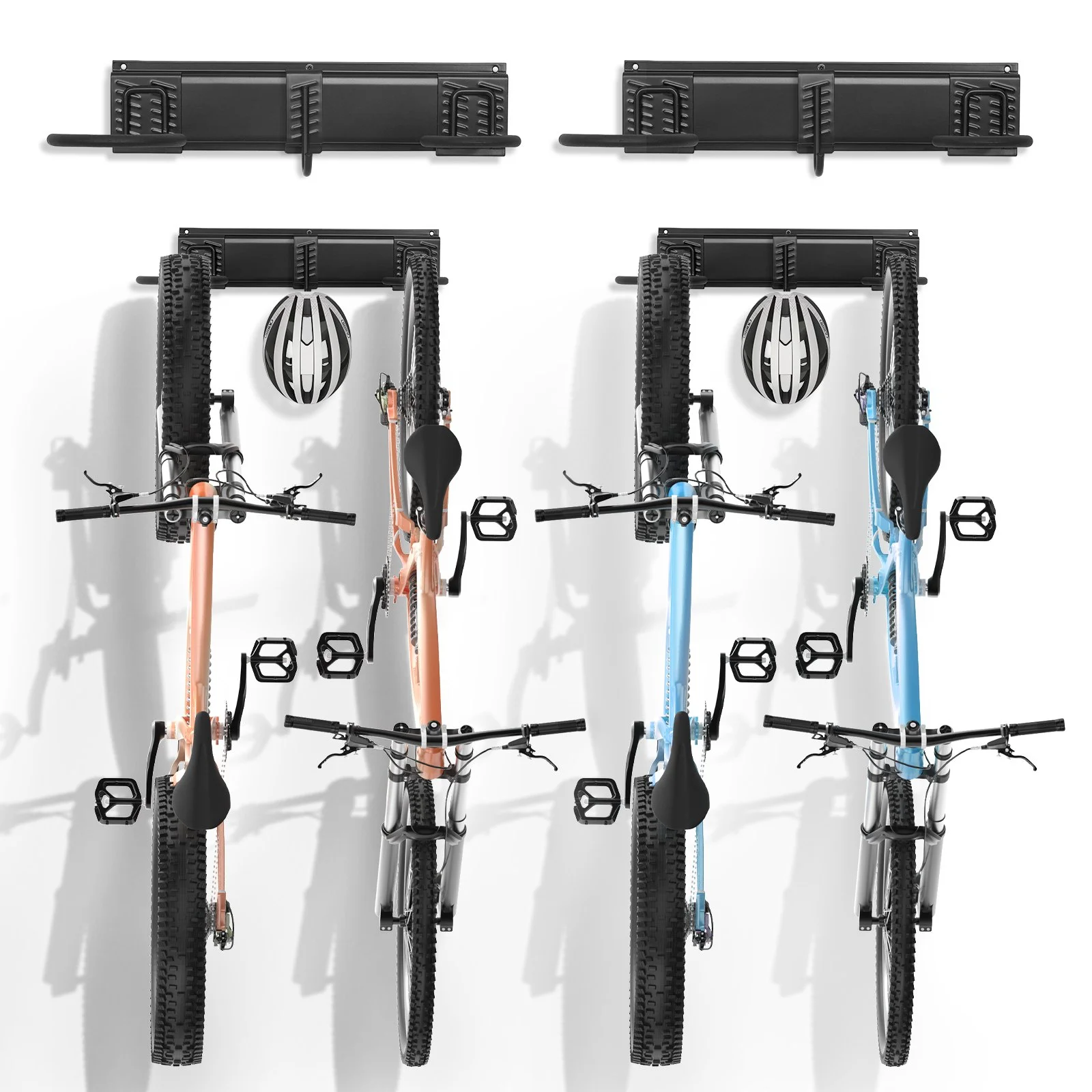 Bike Storage Rack, 4 Bike Racks and 2 Helmets Hooks, Wall Mount Bike Storage Hanger, Home & Garage Organizer, Customizable for Various Bike Sizes, Adjustable Holder, Holds Up to 200 lbs, 36-inch