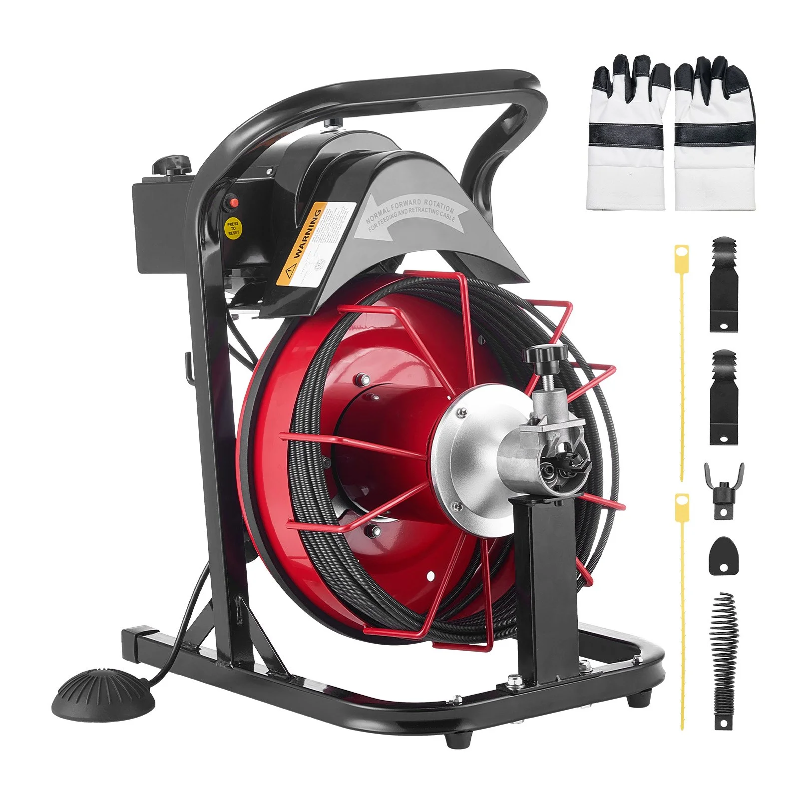 Drain Cleaner Machine 50 FT x 5/16 Inch, Auto Feed Sewer Snake Auger with 4 Cutters & Air-Activated Foot Switch for 2" to 4" Pipes