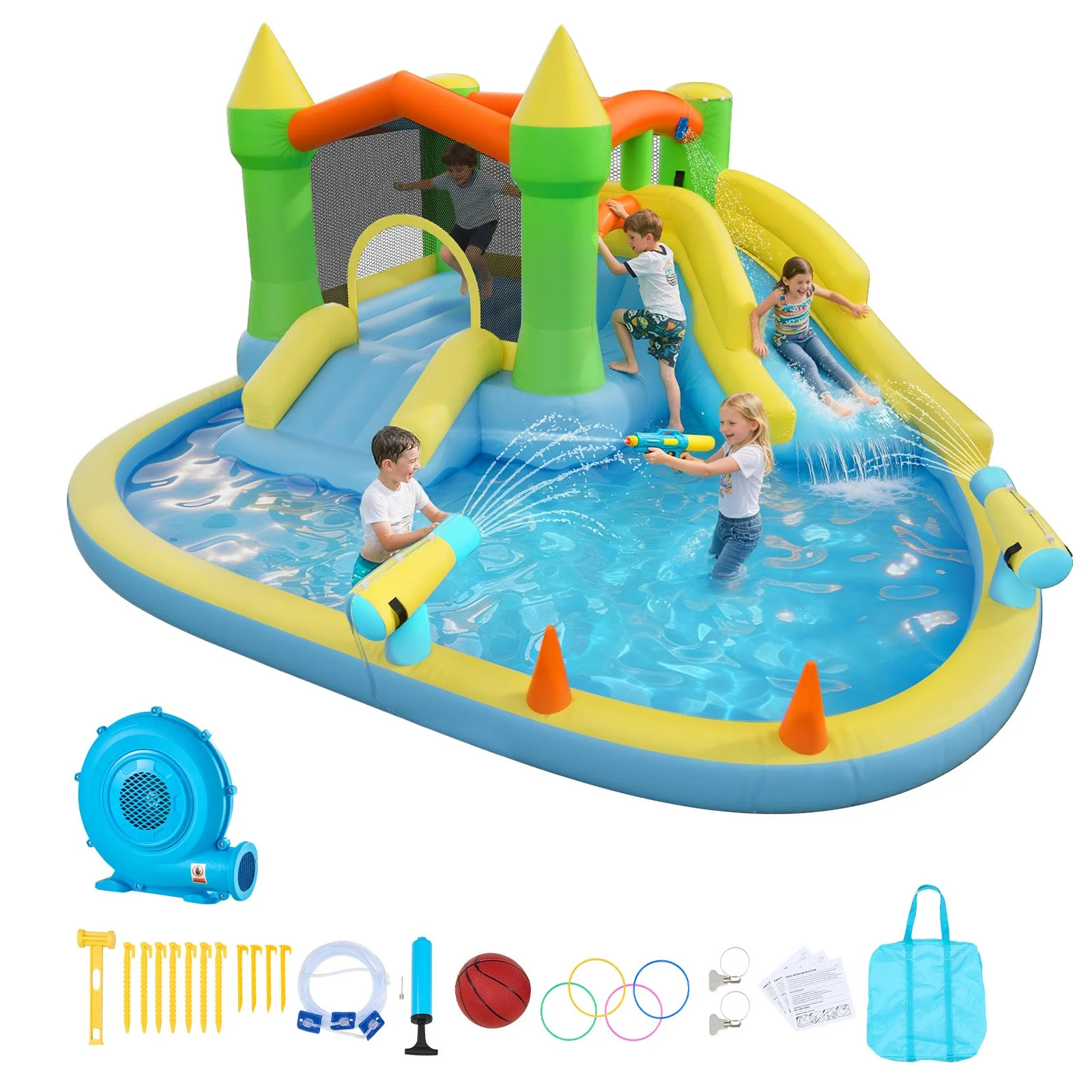 Inflatable Bounce House, 12.5 x 13.1 x 6.5 ft Inflatable Bounce House Water Slide, Bouncer Castle with Castle Bounces, Basketball Hoop, Splash Pool & Water Ring Toss, for 3 to 4 Kids Ages 3 to 8