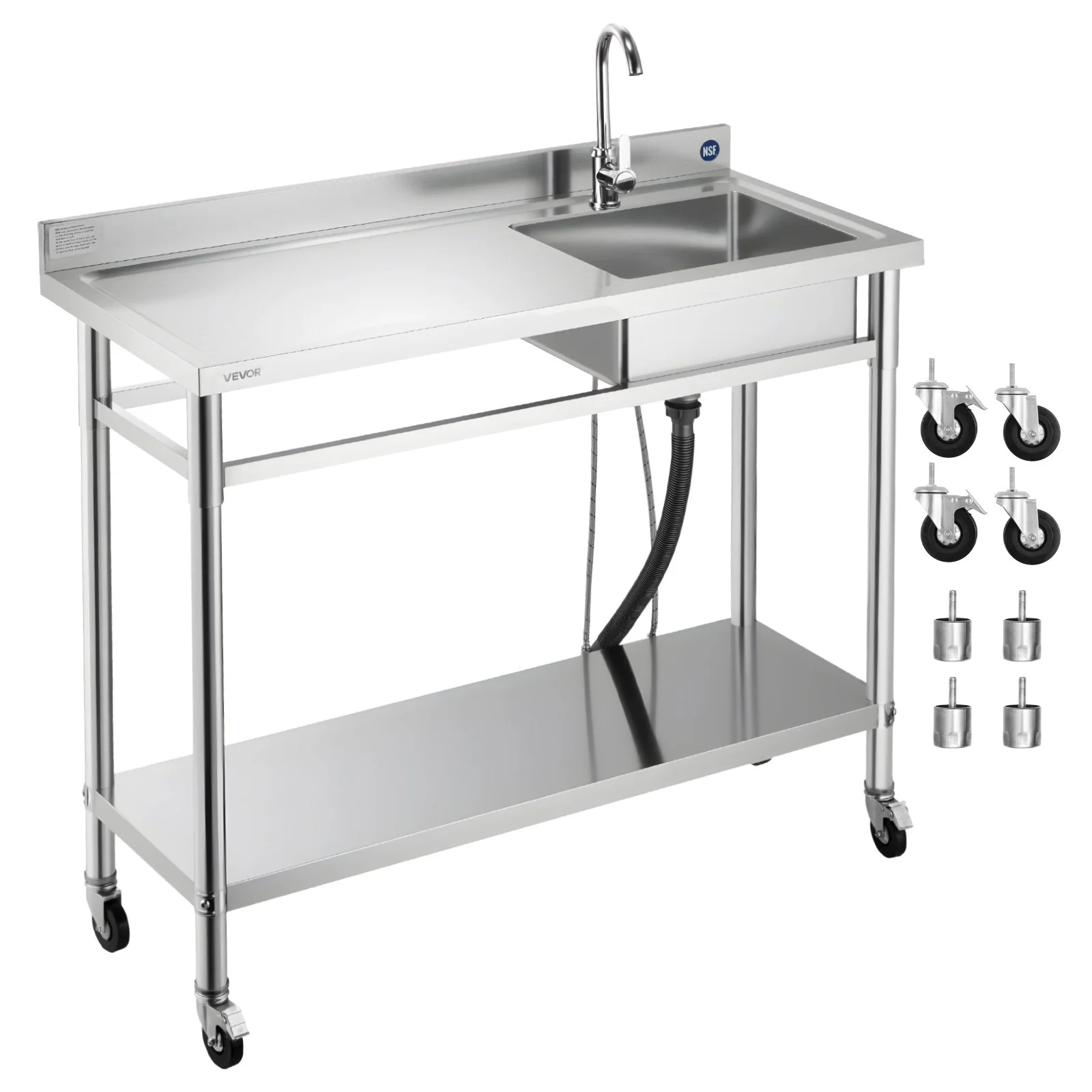 Stainless Steel Utility Sink, Rolling Single Bowl Commercial Kitchen Sink with Wheels, Faucet and Hot & Cold Water Pipe, Utility Basin Workbench for Garage Restaurant Laundry 47.2 x 19.7 x 41.5 in