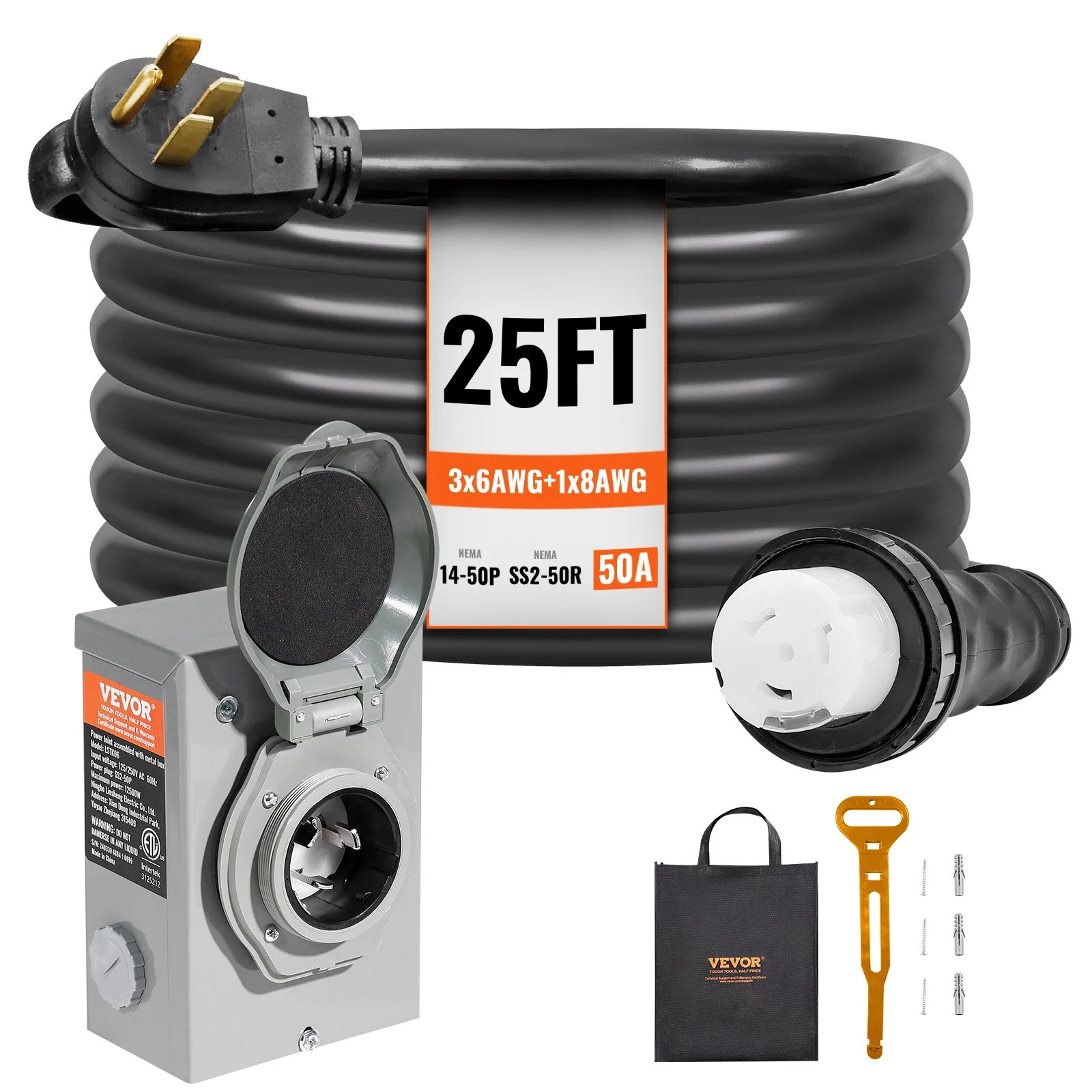 50 Amp Generator Cord and Power Inlet Box Kit, 25FT, NEMA 14-50P/SS2-50R STW 6/3+8/1 AWG Generator Power Cord with Twist Lock Connector, Pre-Drilled Inlet Box for Generator to House, ETL Listed