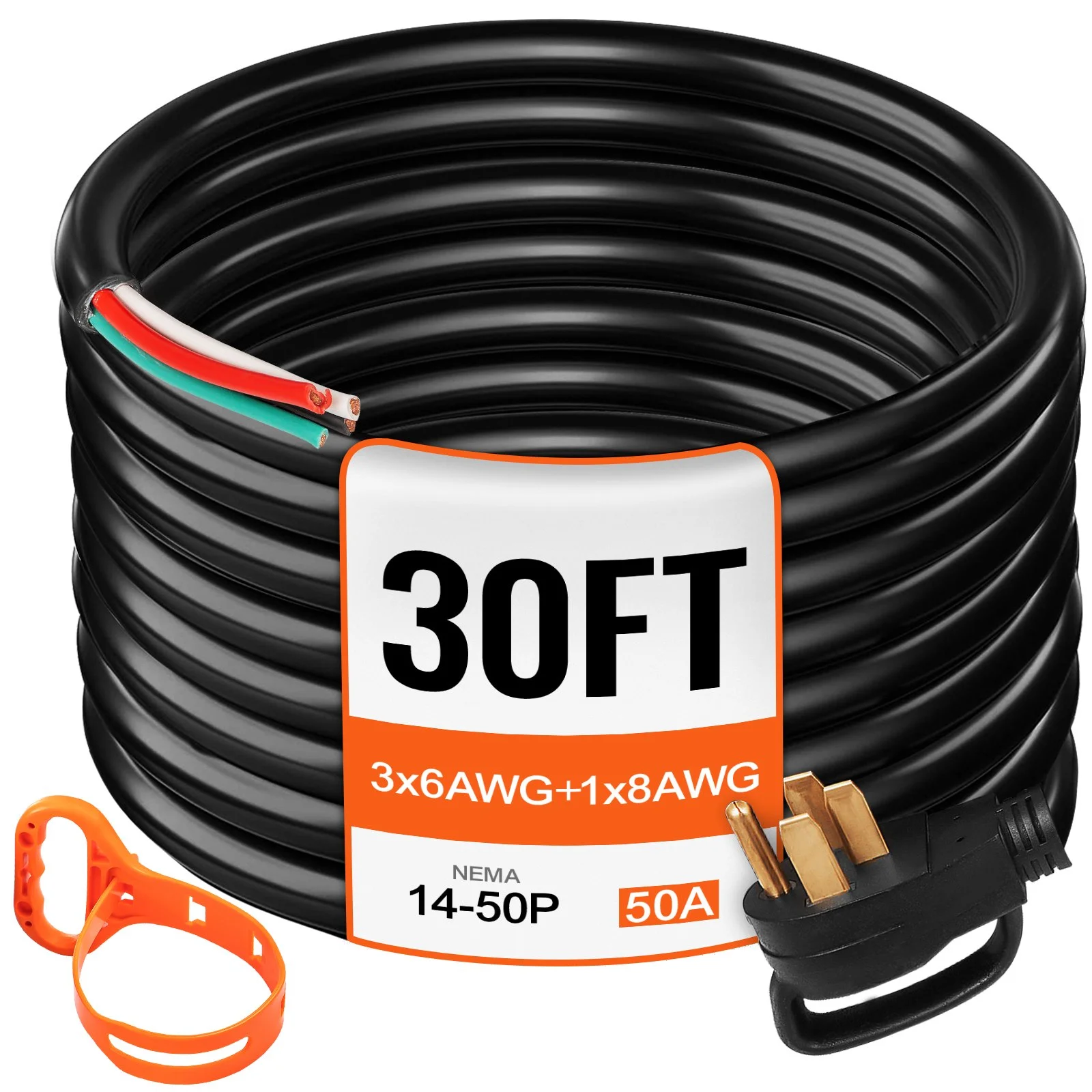 30' 50A RV Camp Power Cord Generator Cord 6/3 + 8/1 AWG NEMA 14-50P to Bare Wire