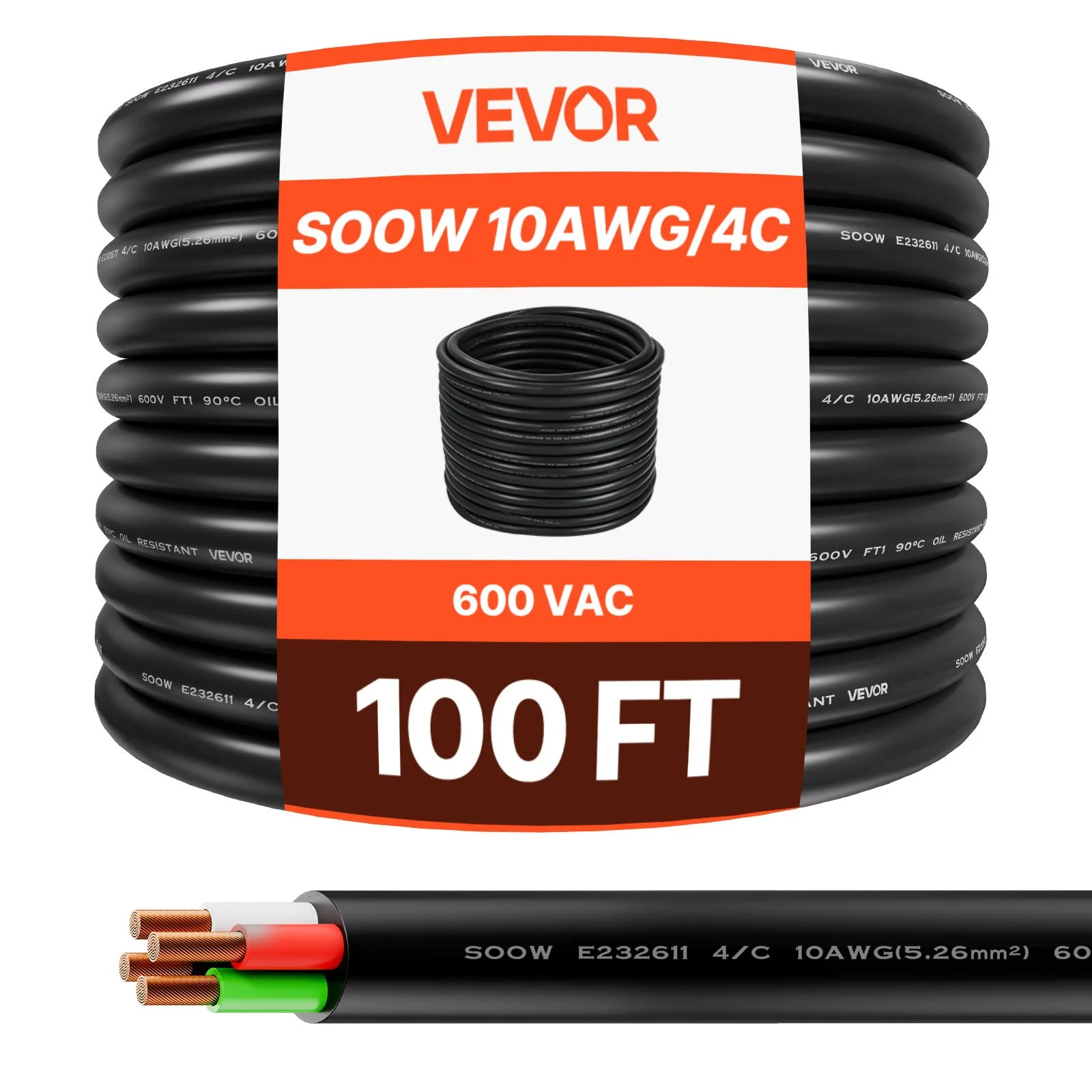 100 FT 10AWG Portable Power Cable (4 Conductor), Heavy Duty 600V SOOW Electrical Power Cable, Industrial Grade Electric Wire, Premium CPE Rubber Jacket, Copper Extension Cord for Welder Machine