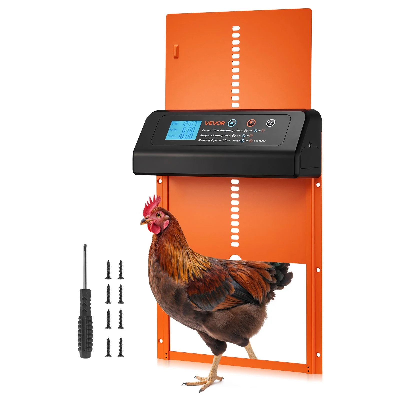 Automatic Chicken Coop Door, Battery Powered Chicken Coop Door with Timer & Manual Setting, Anti-Pinch Security, Durable Aluminum Alloy, Chick Run Gate Opener with Waterproof Sealing, Orange