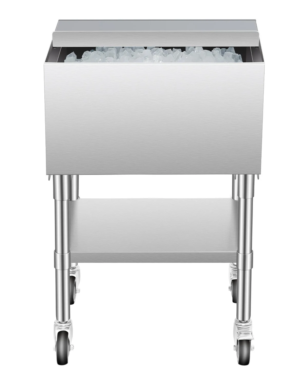 Commercial Ice Bin, 61.6 L Rolling Ice Chest on Wheels, 24 x 19.1 x 36.8 in Stainless Steel Cooler Cart with Sliding Lid, Bottom Storage Tray, Adjustable Bullet Feet, for Bar, Restaurant, Pub
