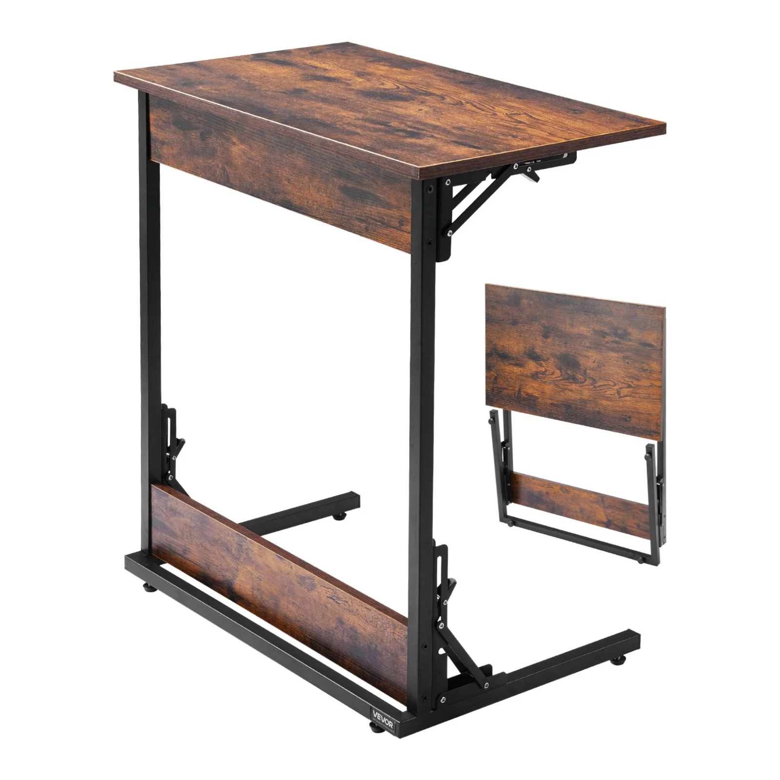 C Table, Folding C Shaped End Table with Metal Frame & Adjustable Feet, Foldable C Shaped Side Table for Living Room Bedroom Office, 23.62 x 14.57 x 27.56 inch C Shaped TV Tray, Brown and Black