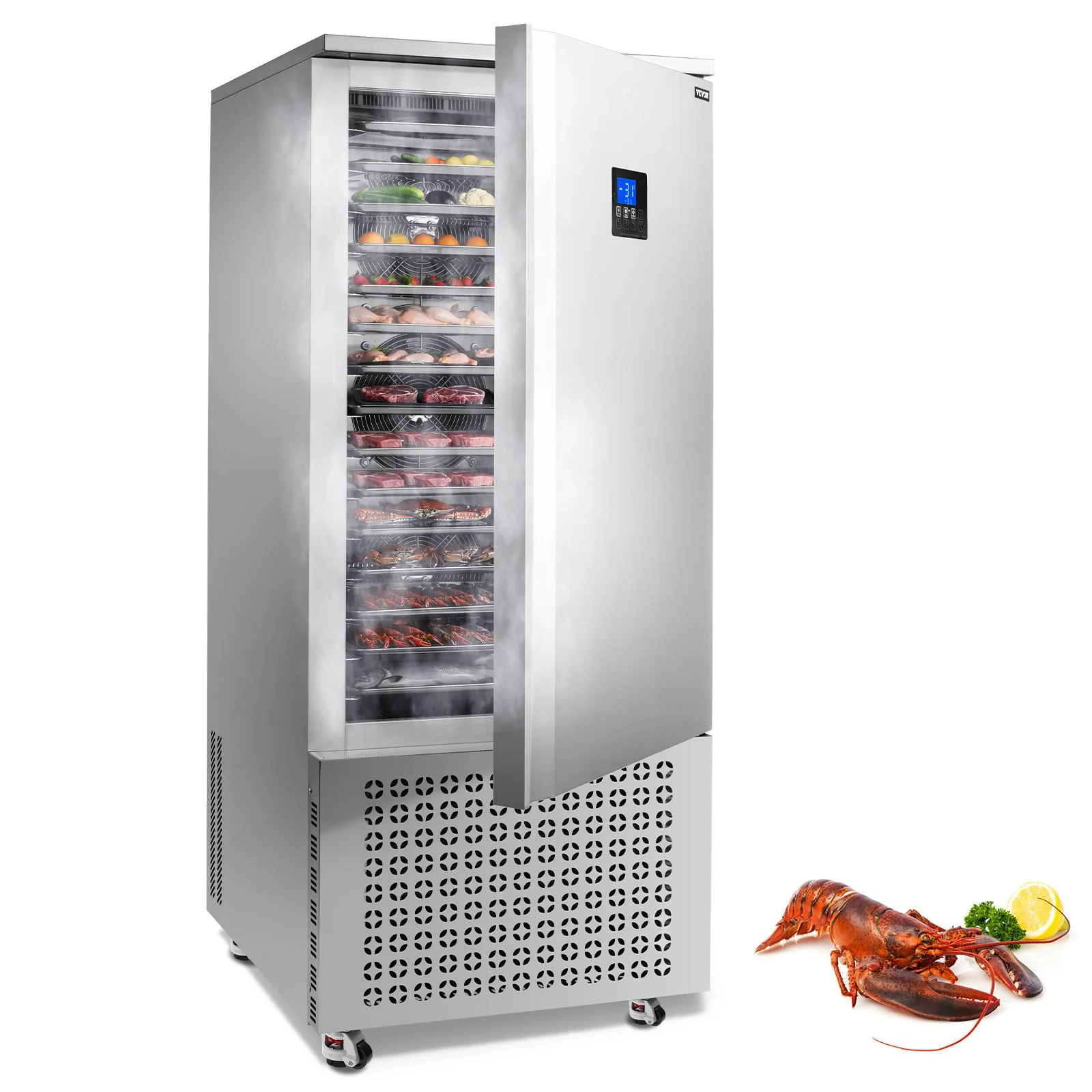Commercial Blast Freezer, 370 L / 13.1 Cu.ft Blast Chiller with 15 Trays, Blast Chiller Freezer Chest with 4 Freezing Modes, Stainless Steel Food Blast Freezer with Casters for Restaurant, Seafood