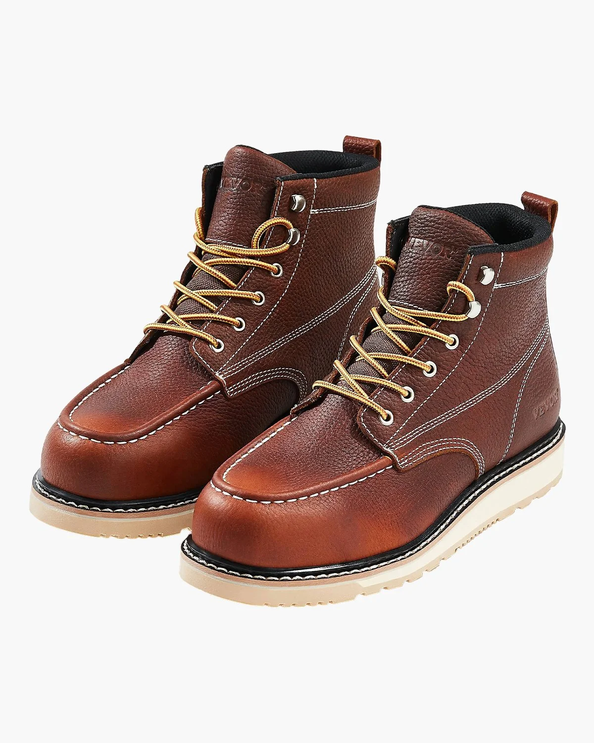 Steel Toe Work Boots, US Size 12, Waterproof Moc Toe Work Boots for Men, Slip-Resistant Work Boot, Lightweight and Breathable EVA Rubber Sole Mens Boots for Industry Construction, Brown