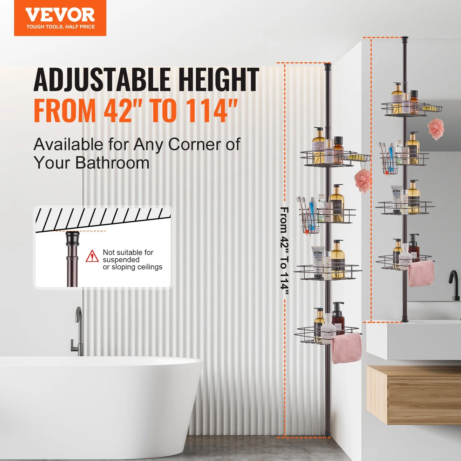 Shower Corner Caddy Tension Pole, 42" to 114" High, Multi-Functional Shower Tension Pole with Strong Load-Bearing Tray, Rust-Proof Easy-to-Install Tension Pole, Fit for Bathroom & Washroom - Image 4