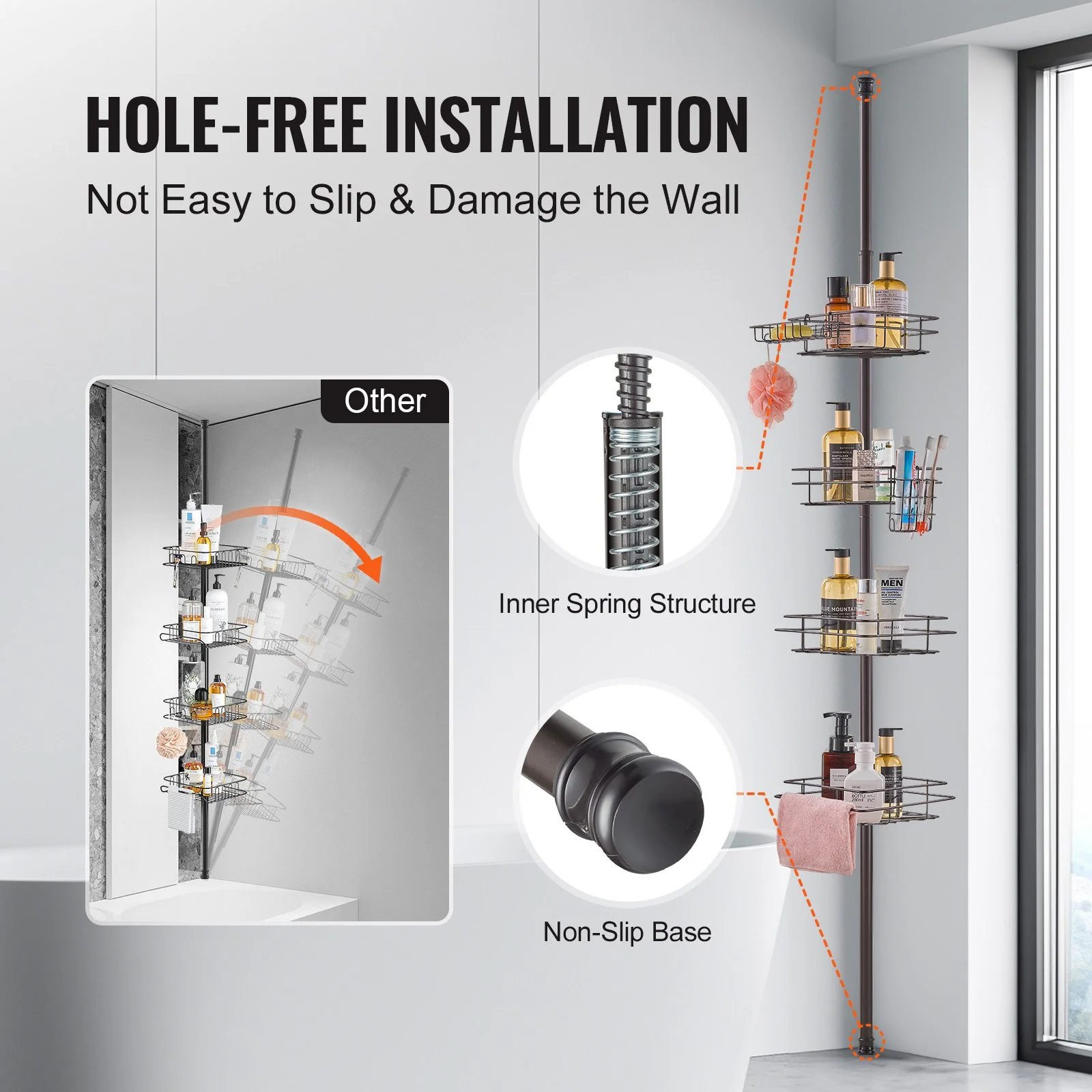 Shower Corner Caddy Tension Pole, 42" to 114" High, Multi-Functional Shower Tension Pole with Strong Load-Bearing Tray, Rust-Proof Easy-to-Install Tension Pole, Fit for Bathroom & Washroom - Image 7