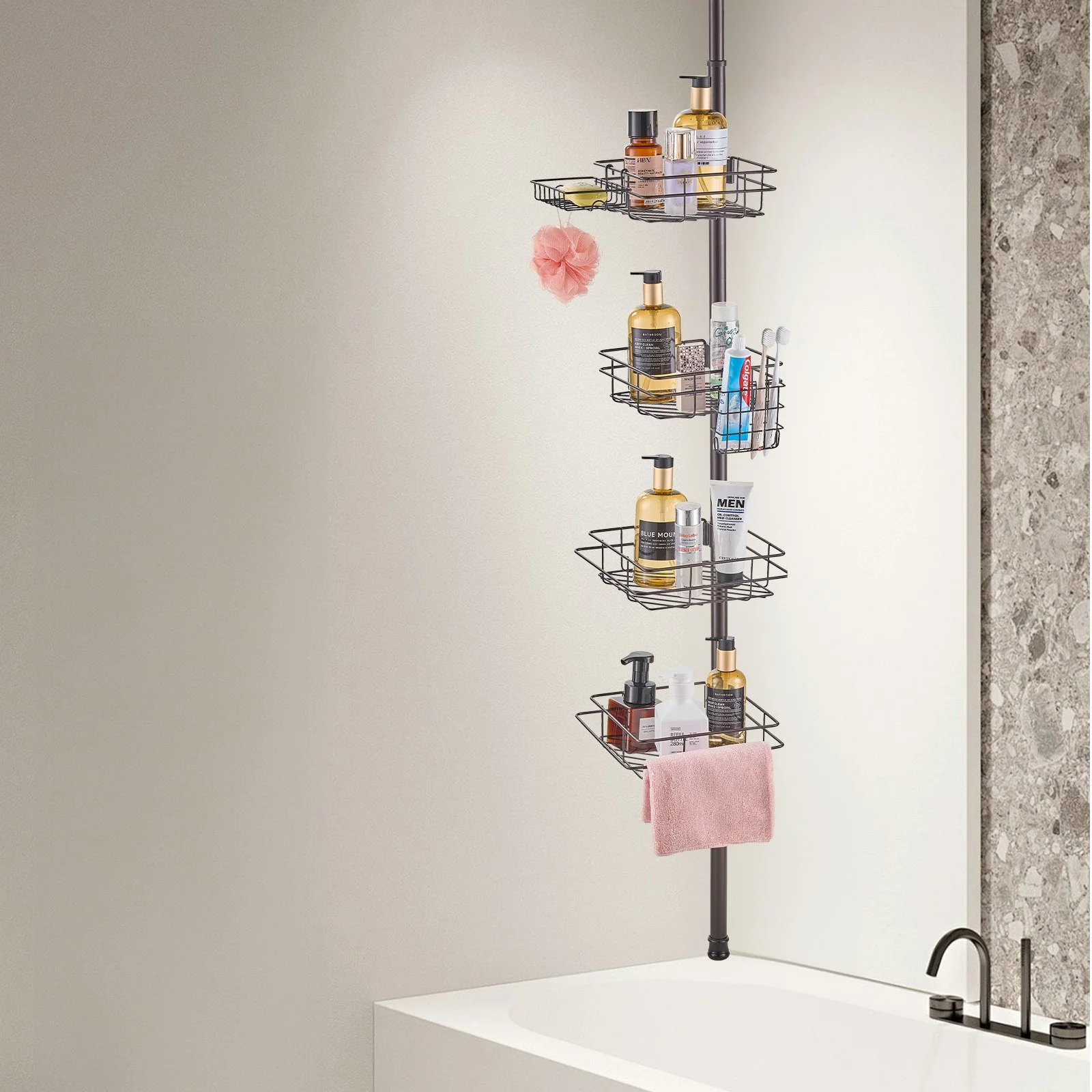 Shower Corner Caddy Tension Pole, 42" to 114" High, Multi-Functional Shower Tension Pole with Strong Load-Bearing Tray, Rust-Proof Easy-to-Install Tension Pole, Fit for Bathroom & Washroom - Image 10