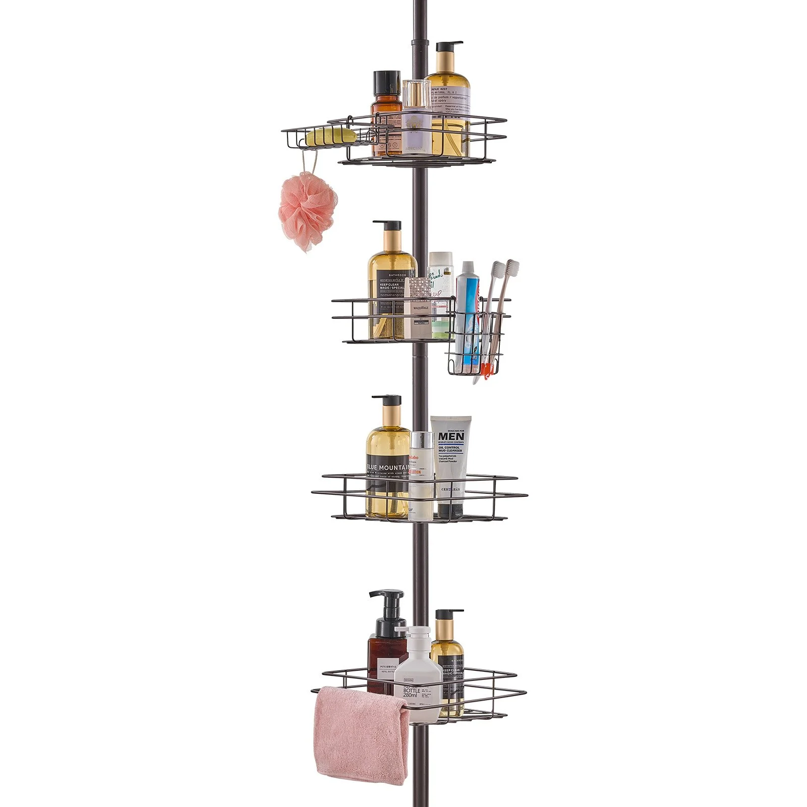 Shower Corner Caddy Tension Pole, 42" to 114" High, Multi-Functional Shower Tension Pole with Strong Load-Bearing Tray, Rust-Proof Easy-to-Install Tension Pole, Fit for Bathroom & Washroom