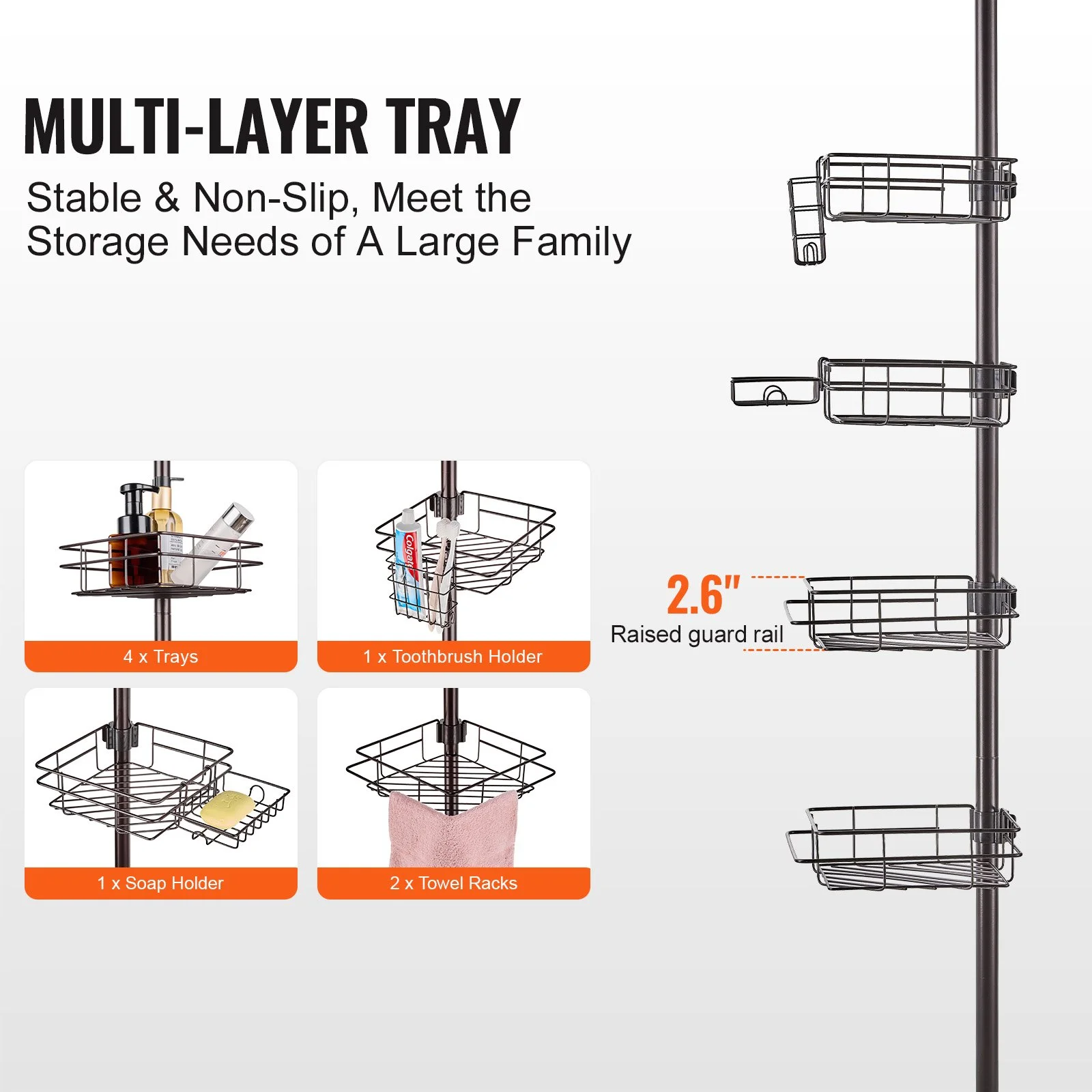 Shower Corner Caddy Tension Pole, 42" to 114" High, Multi-Functional Shower Tension Pole with Strong Load-Bearing Tray, Rust-Proof Easy-to-Install Tension Pole, Fit for Bathroom & Washroom - Image 6