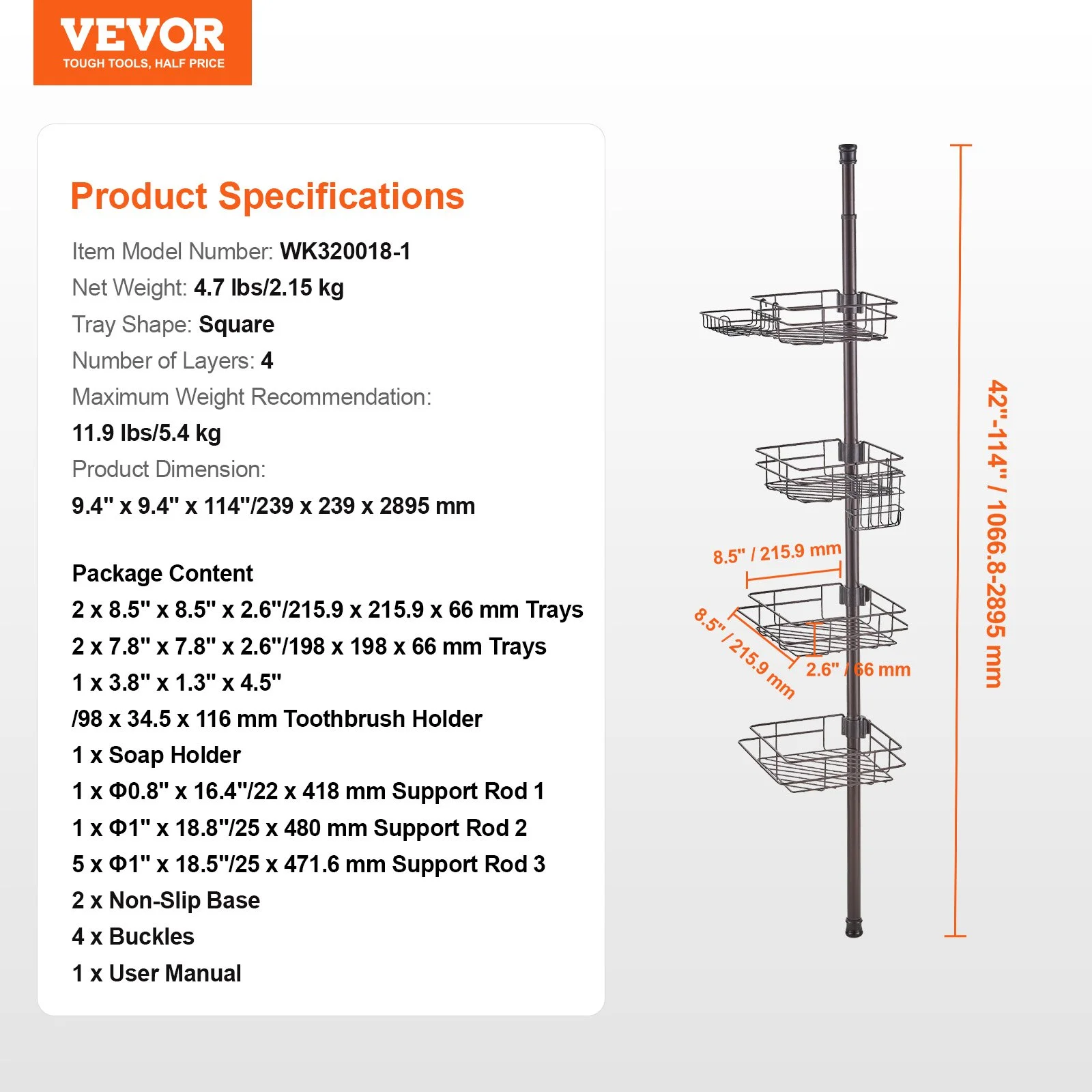 Shower Corner Caddy Tension Pole, 42" to 114" High, Multi-Functional Shower Tension Pole with Strong Load-Bearing Tray, Rust-Proof Easy-to-Install Tension Pole, Fit for Bathroom & Washroom - Image 9