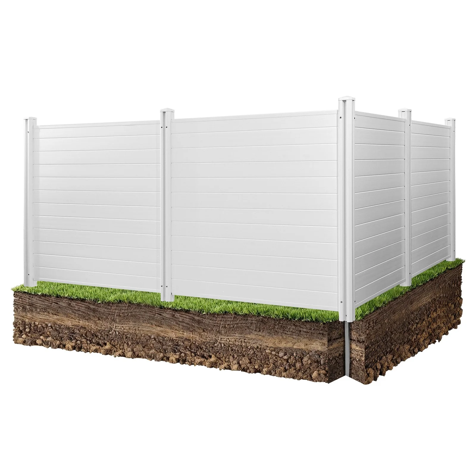 4 Panels Outdoor Privacy Screen, 50 x 50 in Air Conditioner Fence with 27.6 in Ground Stakes, Pool Equipment Enclosure, Horizontal Vinyl Privacy Fence, Ideal for Trash Can and A/C Units, White