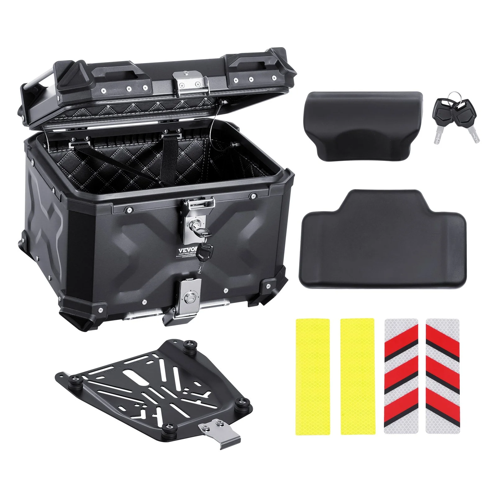 Motorcycle Top Case, Universal Aluminum Alloy Motorbike Tail Box with Leather Lining, 45L Waterproof Detachable Motorcycle Top Box with Lock & Back Cushion, Fit for 99% of Motorcycle Frames