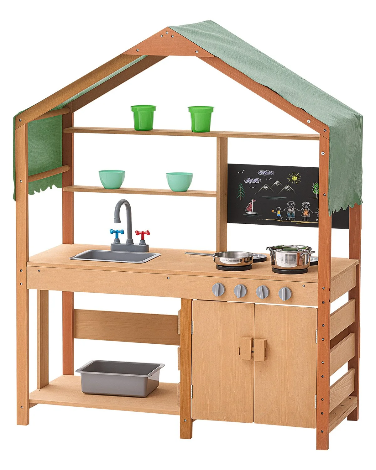 Mud Kitchen for Kids, Wooden Toy Play Kitchen Set with Accessories, Outdoor Toddler Grocery Store Playset, Pretend Play Kitchen with Stoves, Planter Boxes, Sink, Faucet, Blackboard, Cookware Pot