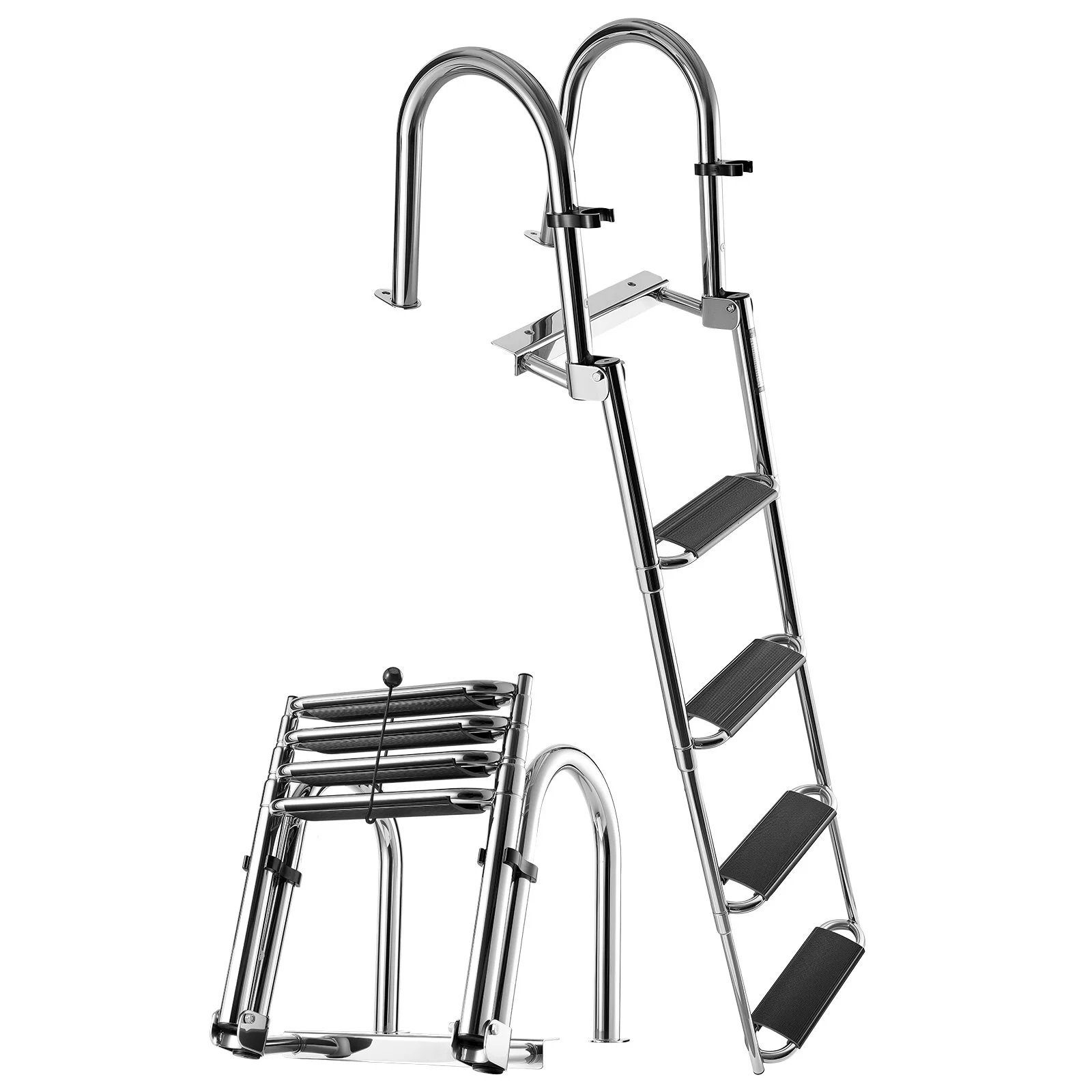 Boat Ladder, 4 Steps, Stainless Steel Telescoping Folding Swim Deck Ladder for Rear Entry Inboard, 600lbs Capacity with Extra Wide Anti-Slip Steps & Handrails, for Outboards, Yacht, Pontoon Boat