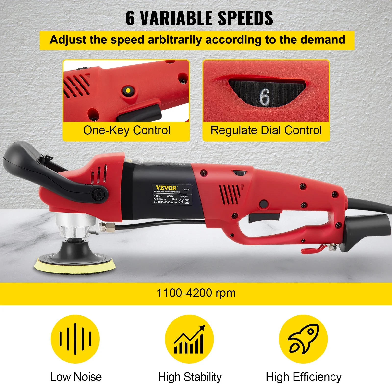 Wet Polisher Grinder, 6 Variable Speed Buffing Machine & 8PCS Polishing Kit, with 4" & 5" Diamond Polishing Pads, Splash Shield, Concrete Stone Tool for Ceramic Tile Marble Stone Countertop - Image 4