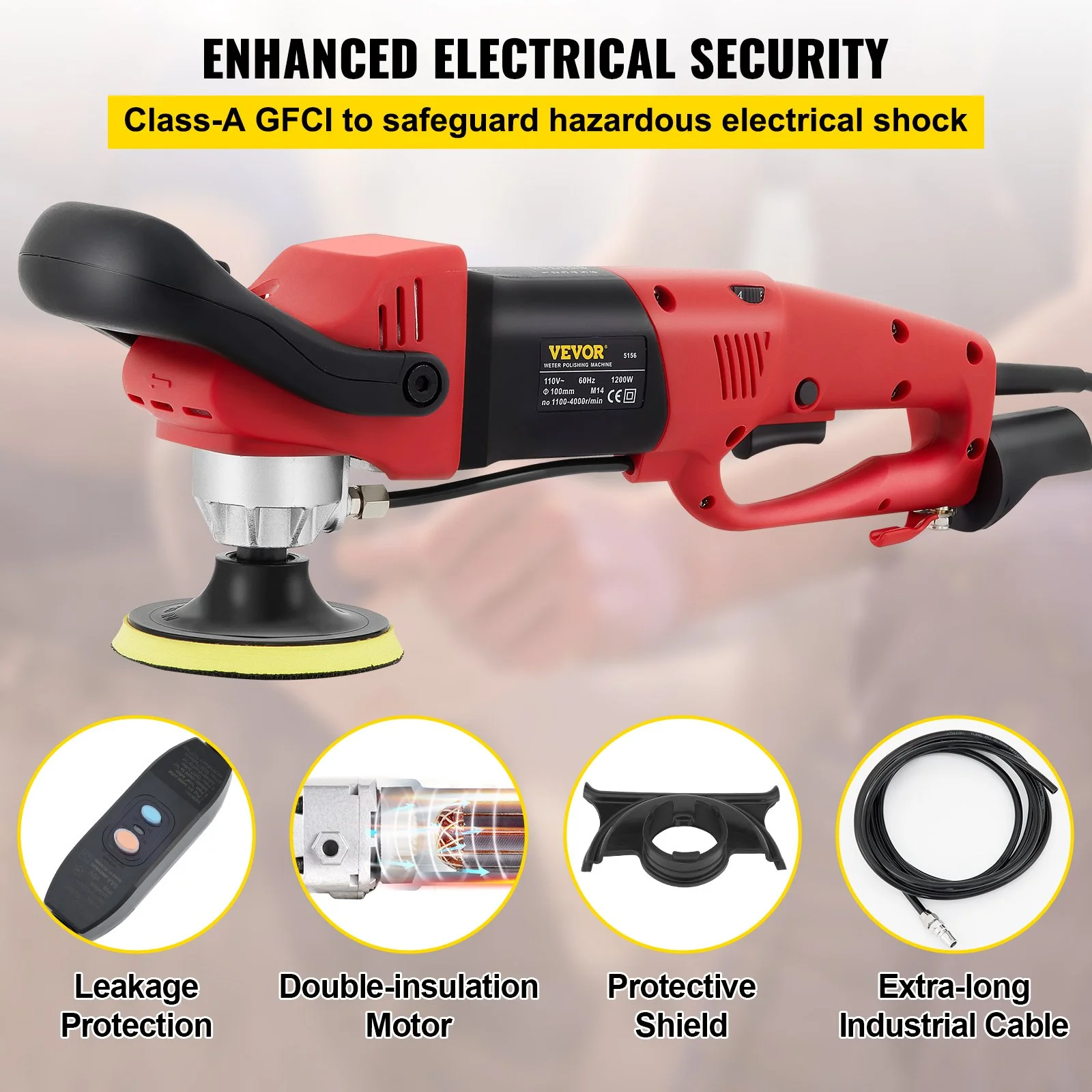 Wet Polisher Grinder, 6 Variable Speed Buffing Machine & 8PCS Polishing Kit, with 4" & 5" Diamond Polishing Pads, Splash Shield, Concrete Stone Tool for Ceramic Tile Marble Stone Countertop - Image 3