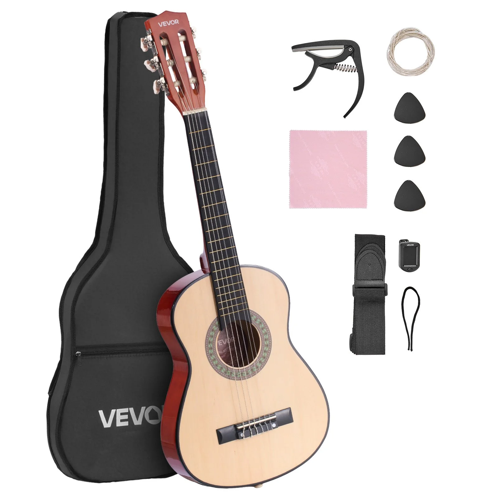 Classical Guitar, 30 Inch, Wood Classical Guitar Starter Kit for Beginners, with Nylon Strings, Gig Bag, Strap, Tuner, Extra Strings, Picks, Capo, Basswood, for Kids Girls Boys Students, Natural