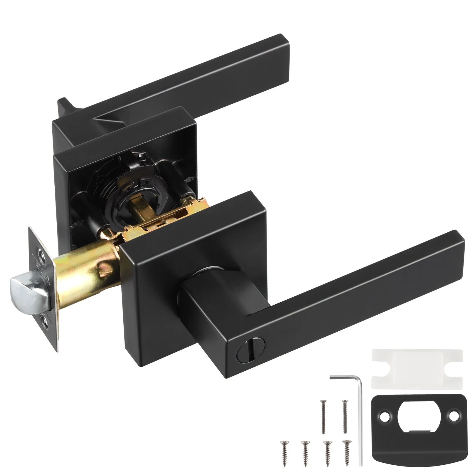 Privacy Door Handle, 1 Pack Matte Black Door Lever, Left or Right Handing Reversible Lever with Keyless Lock, 45° Rotation to Open, Universal Square Interior for Bedroom and Bathroom Doors