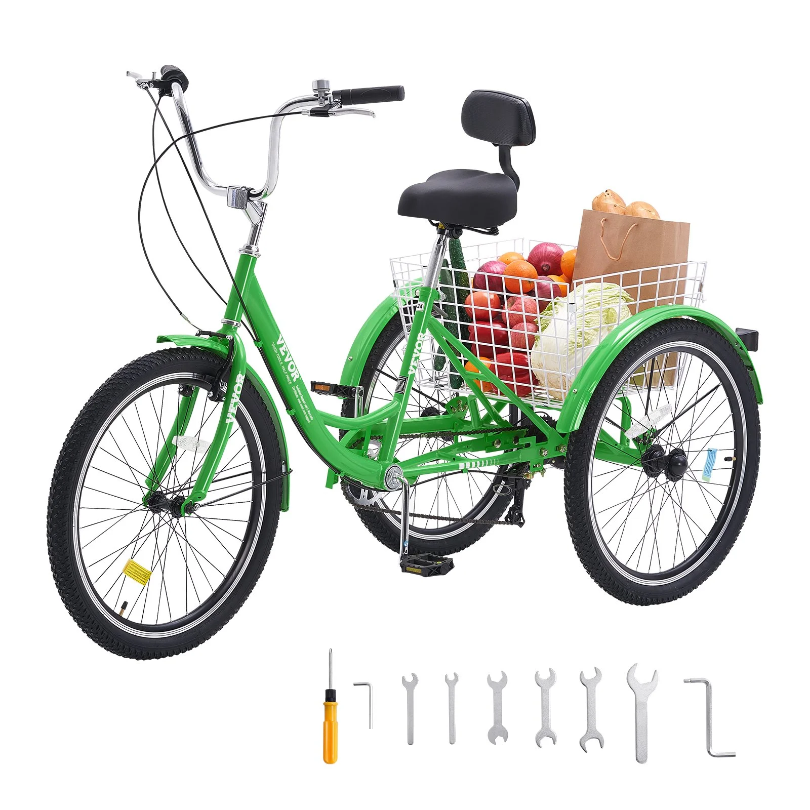 Adult Tricycles Bike, 7 Speed Adult Trikes, 20 Inch Three-Wheeled Bicycles, Carbon Steel Cruiser Bike with Basket and Adjustable Seat, Picnic Shopping Tricycles for Seniors, Women, Men (Green)