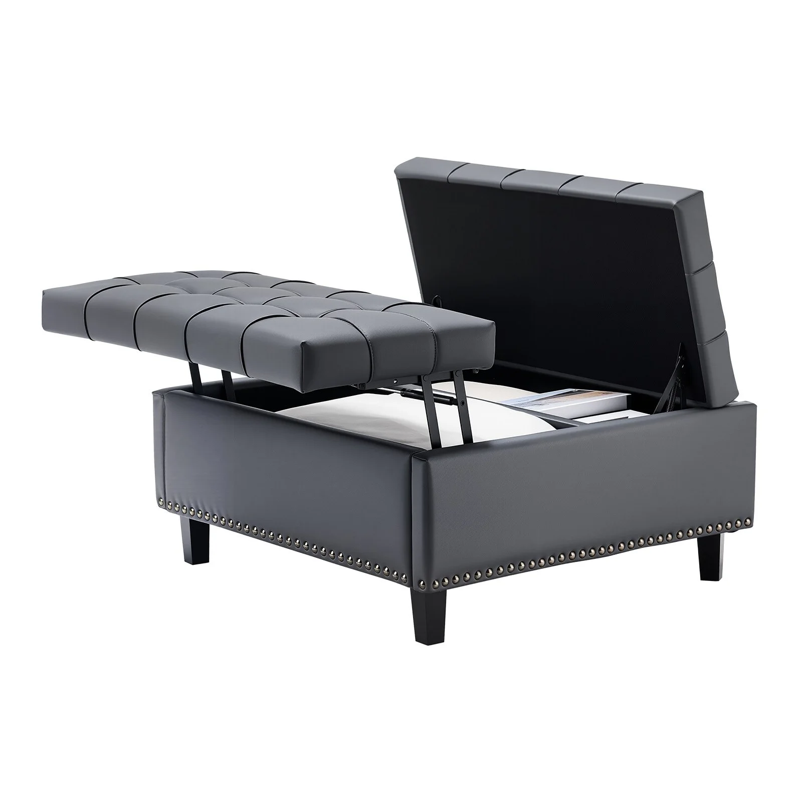 31 in Square Leather Ottoman with Storage, Upholstered Tufted Button Coffee Table Ottoman with Lift-Top & Flip Design, PU Leather High-Density Sponge for Living Room, Bedroom, Dorm, Grey