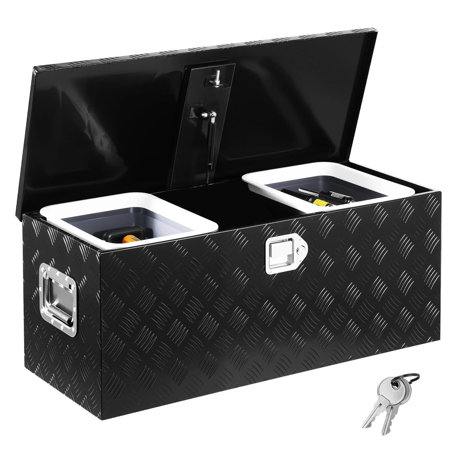 Heavy Duty Aluminum Truck Bed Tool Box, Stripes Plated Tool Box with Sliding Shelf, Side Handle, Lock & Keys, Storage Toolbox Chest for Trailer, Pickup, Truck Bed, RV, 35.4"x14.6"x14.6", Black