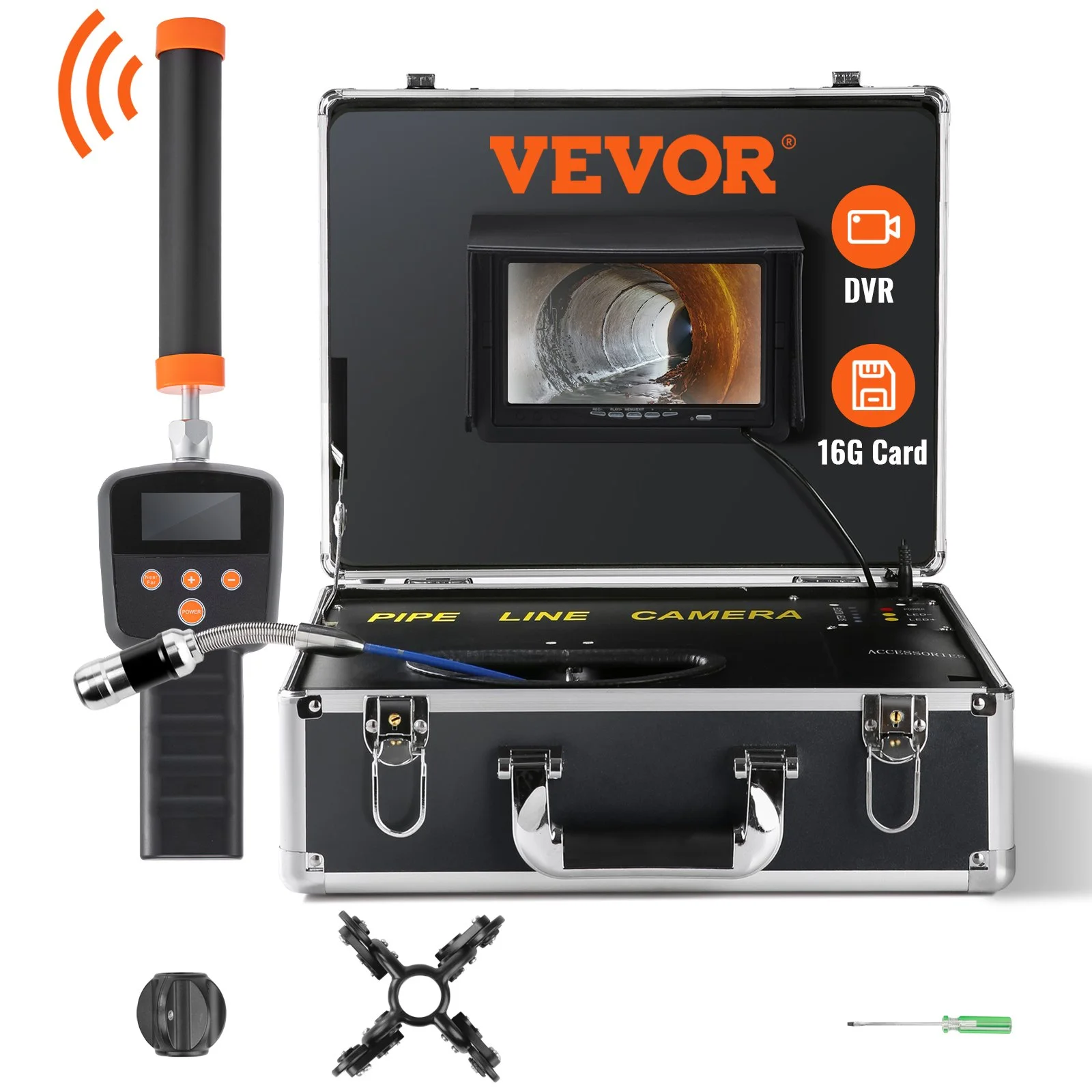 Sewer Camera with 512Hz Locator,100 ft/30 m, 7" Pipeline Inspection Camera with DVR Function, IP68 Camera with 12 Adjustable LEDs, A 16 GB SD Card for Sewer Line, Home, Duct Drain Pipe Plumbing