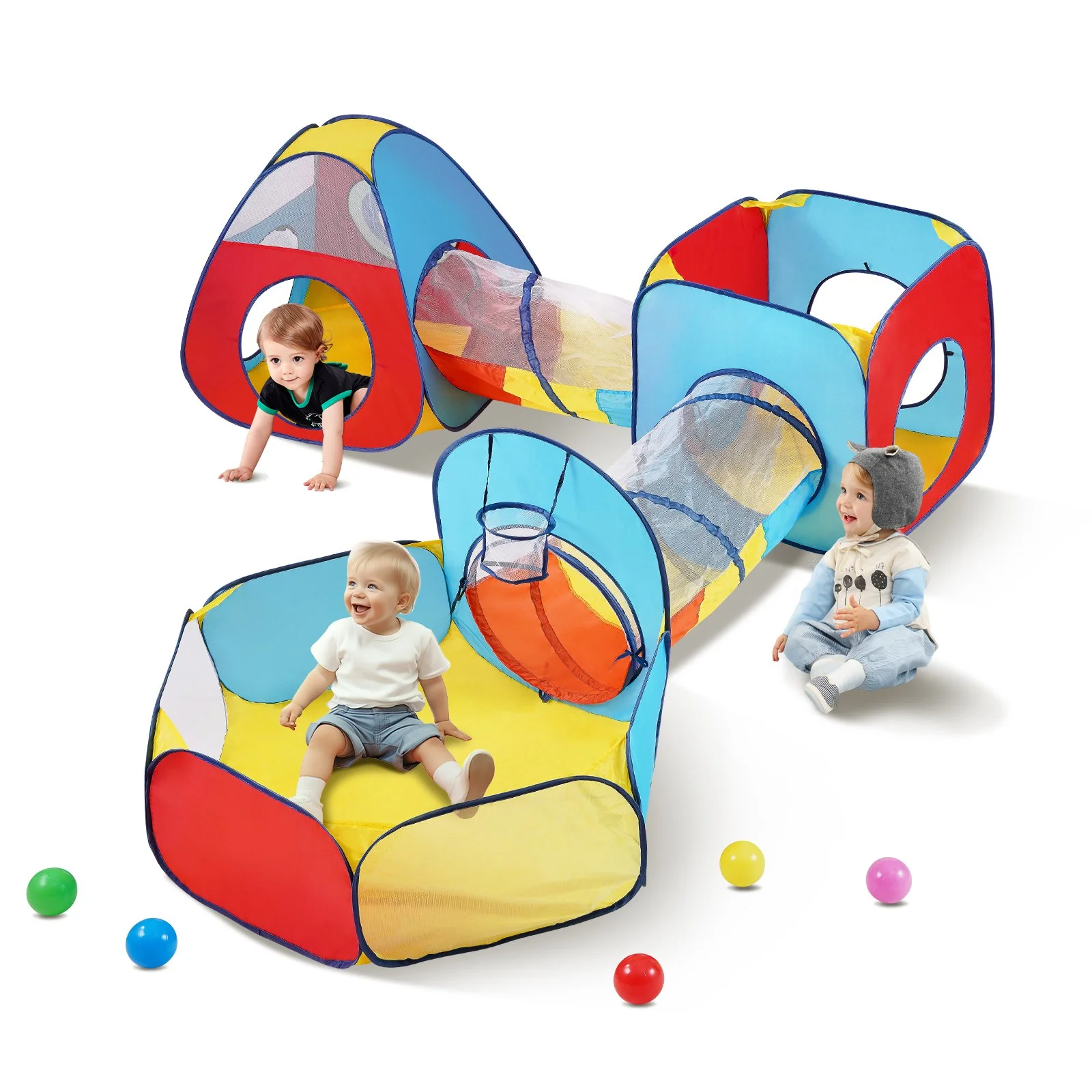 5 in 1 Kids Play Tent with Tunnel, Basketball Hoop for Boys, Girls, Babies and Toddlers, Indoor/Outdoor Pop Up Playhouse with Carrying Bag & Banding Straps Birthday Gifts, Red/Yellow/Blue